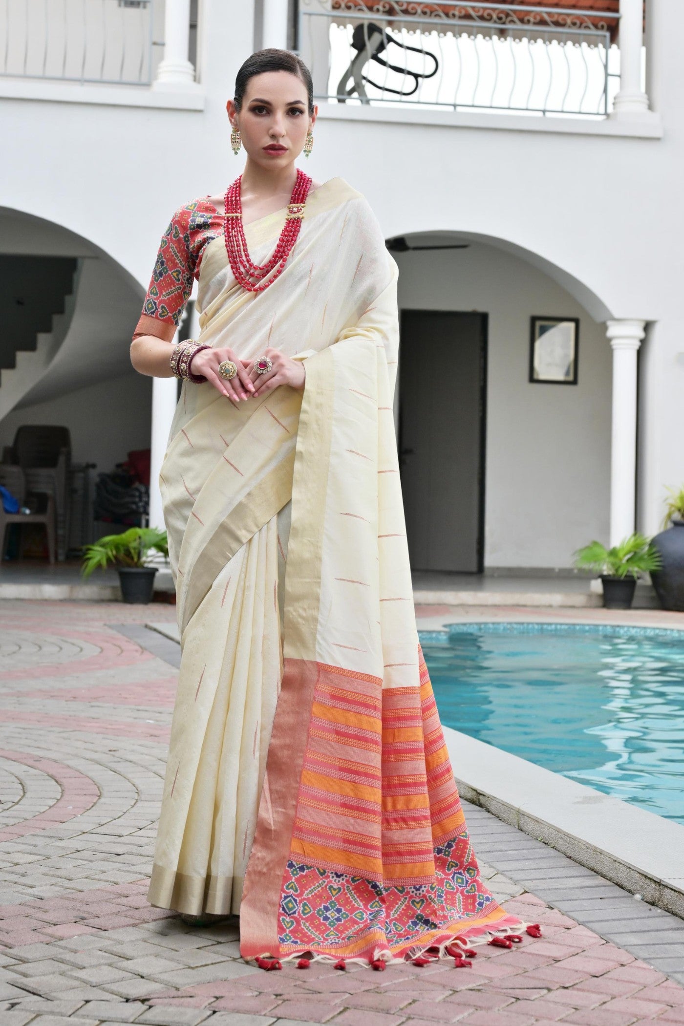 Buy MySilkLove Pearl White Meenakari Woven Patola Saree Online