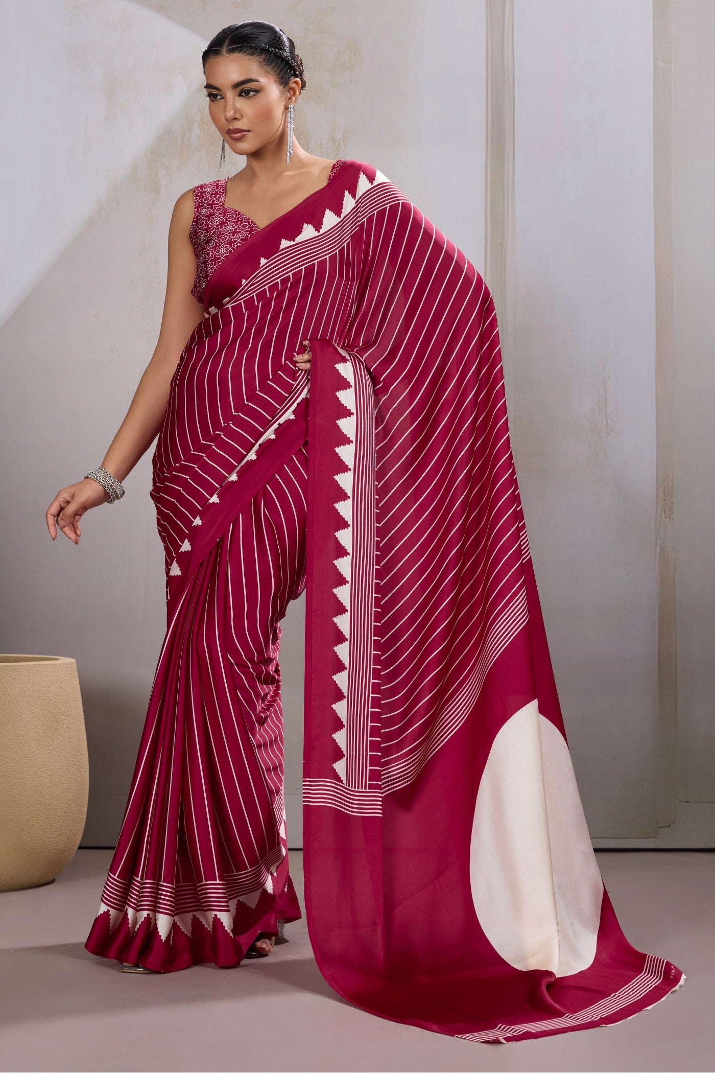 Buy MySilkLove Raspberry Red Ajrakh Printed Satin Crepe Silk Saree Online