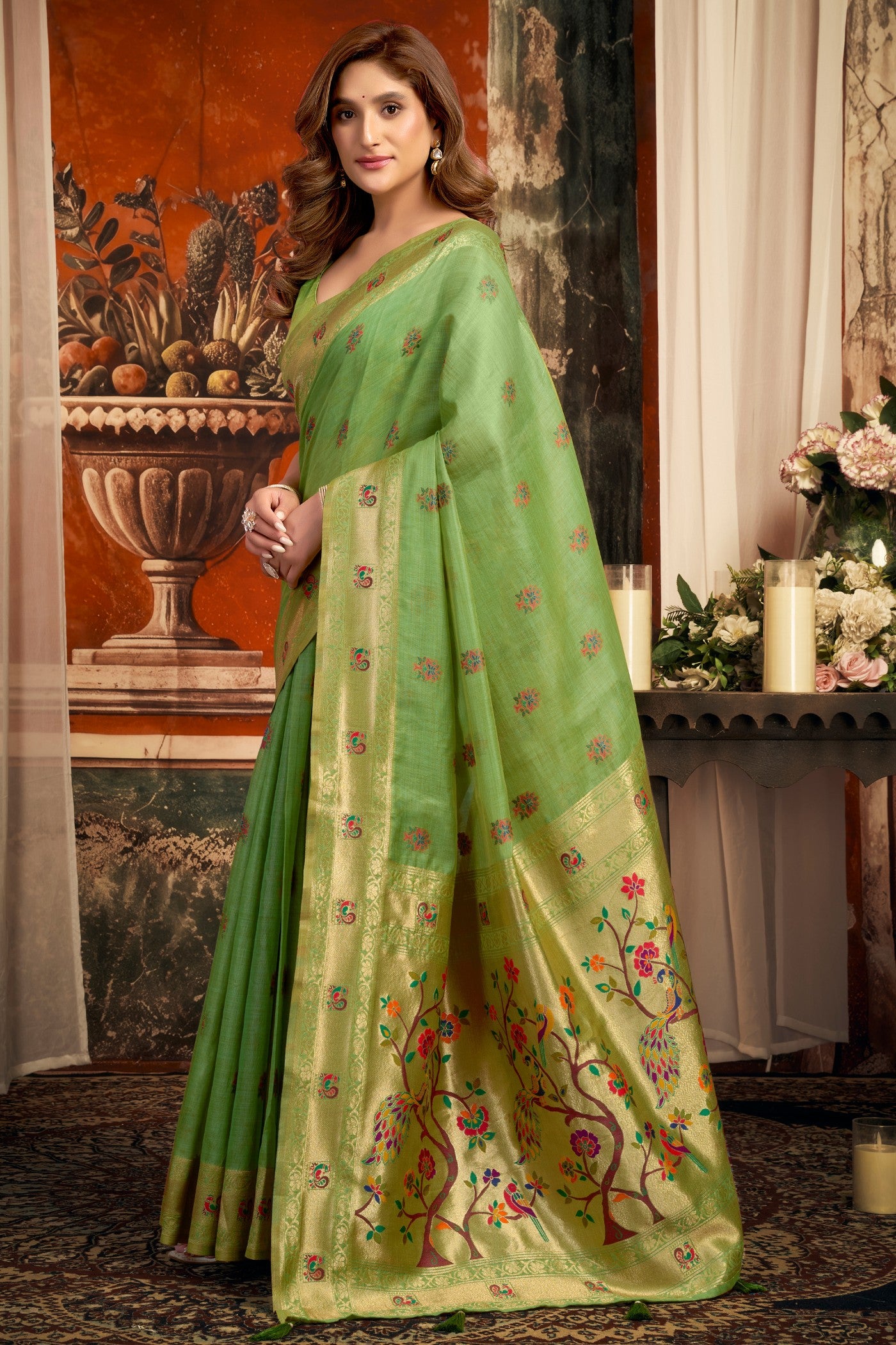 Buy MySilkLove Celadon Green Zari Woven Paithani Saree Online