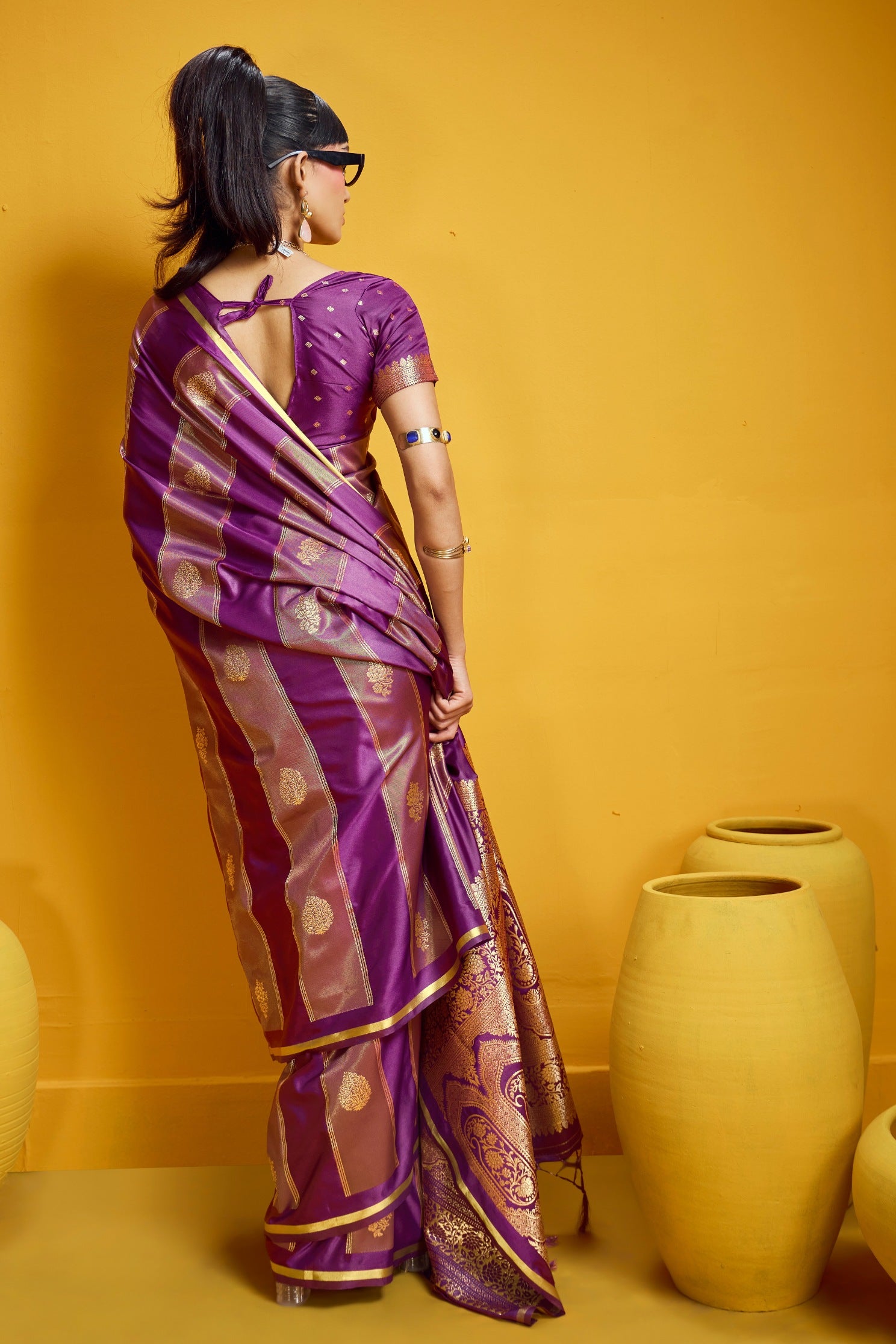 Buy MySilkLove Cosmos Purple Banarasi Handloom Satin Silk Saree Online