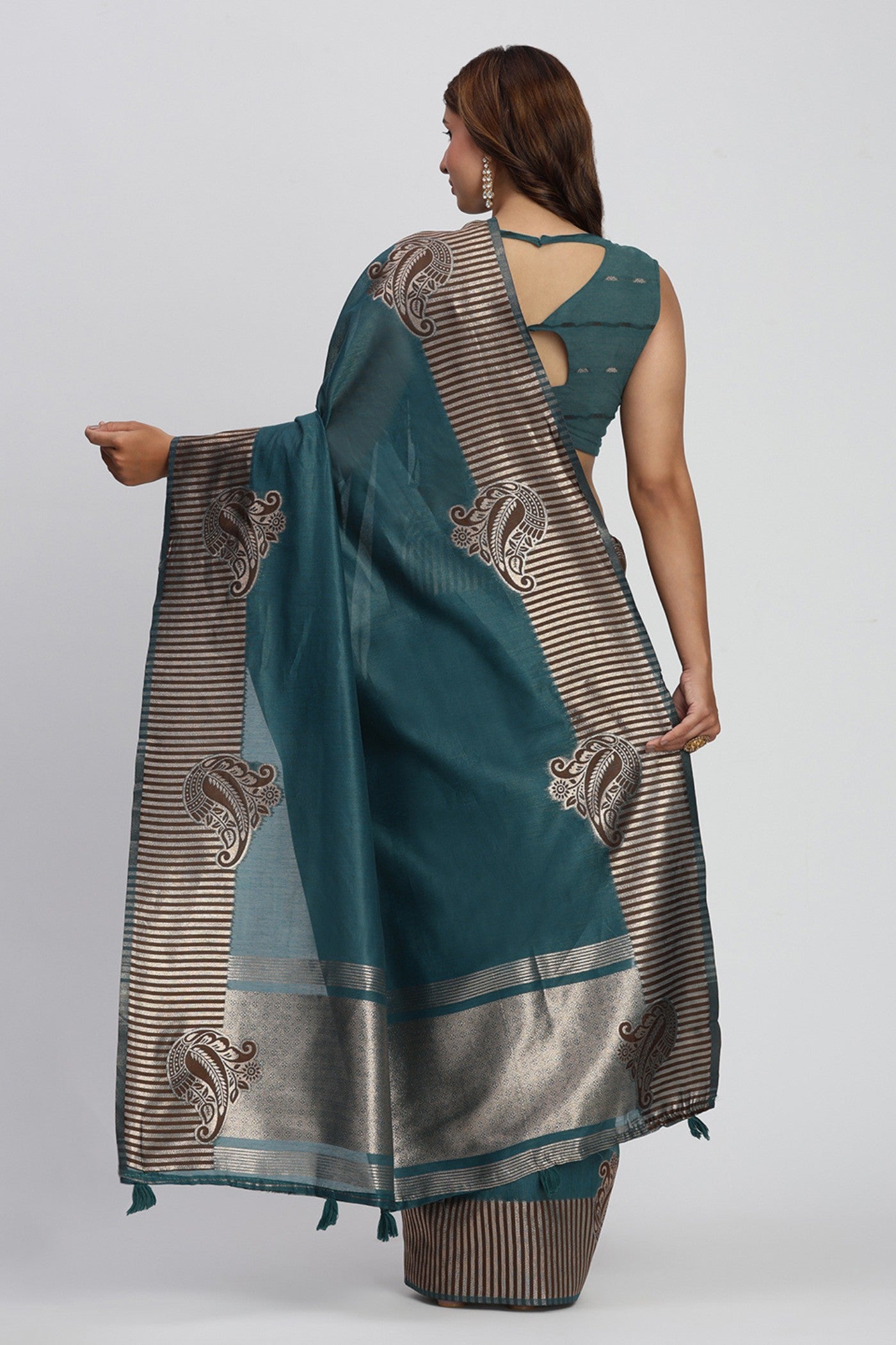 Buy MySilkLove Myrtle Green Woven Linen Cotton Saree Online