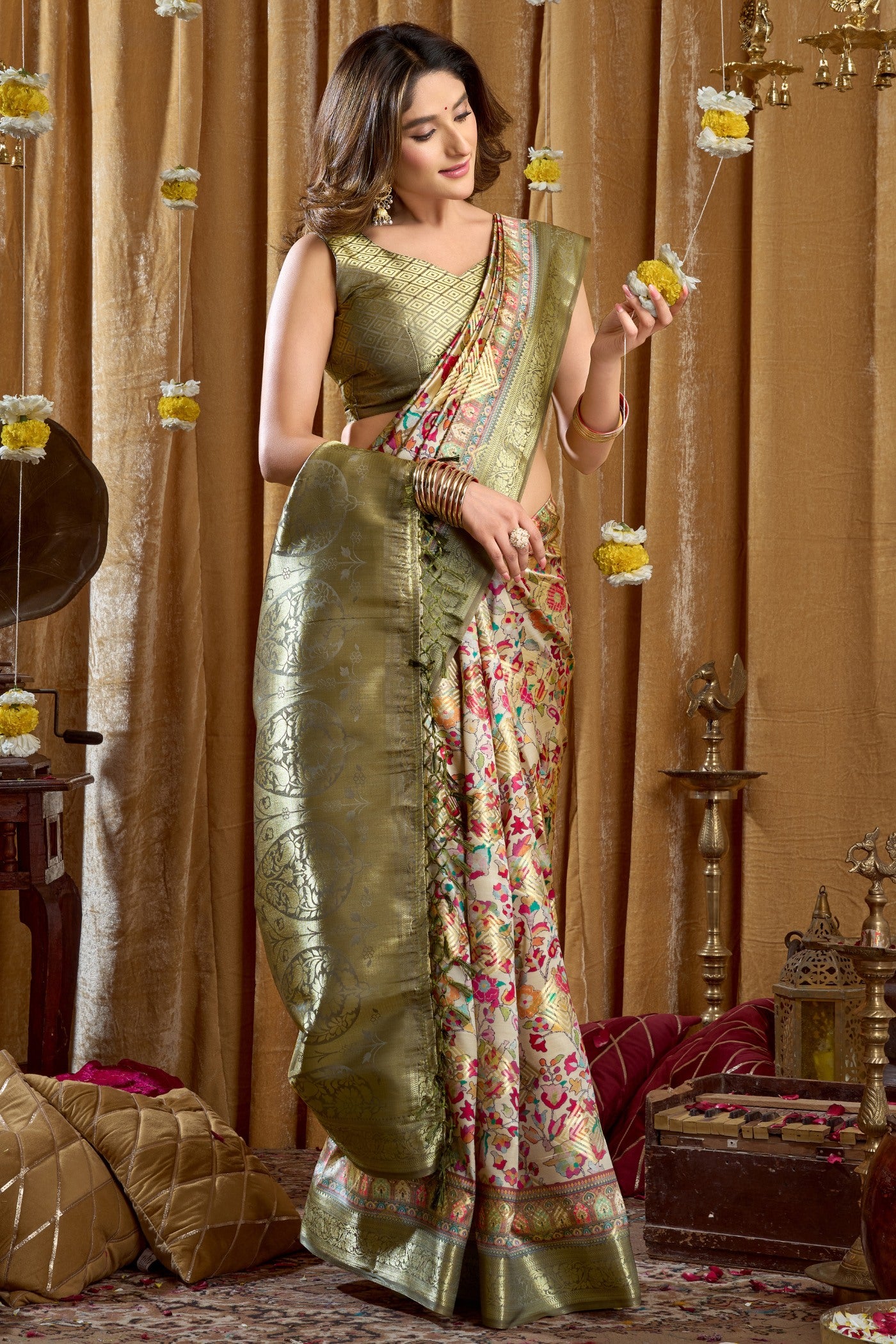 Buy MySilkLove Olive Green Digital Printed Banarasi Saree Online