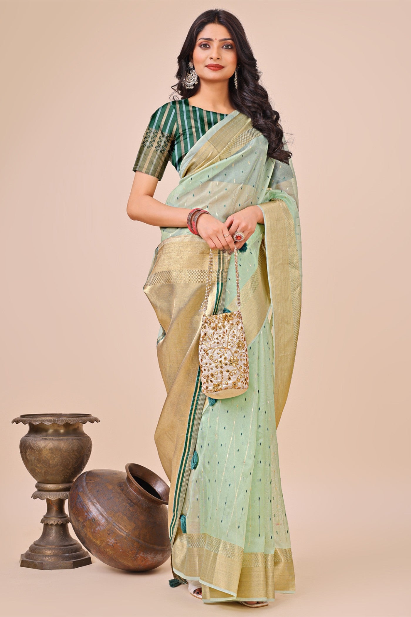 Buy MySilkLove Tea Green Woven Organza Saree Online