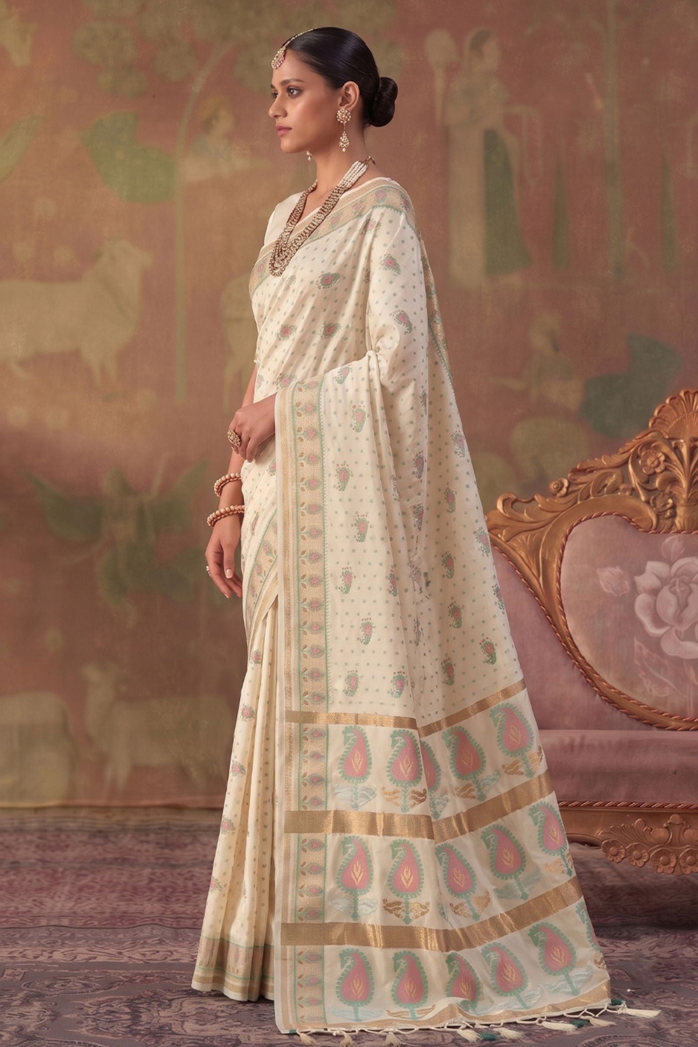 Buy MySilkLove Pearl White Woven Banarasi Soft Silk Saree Online
