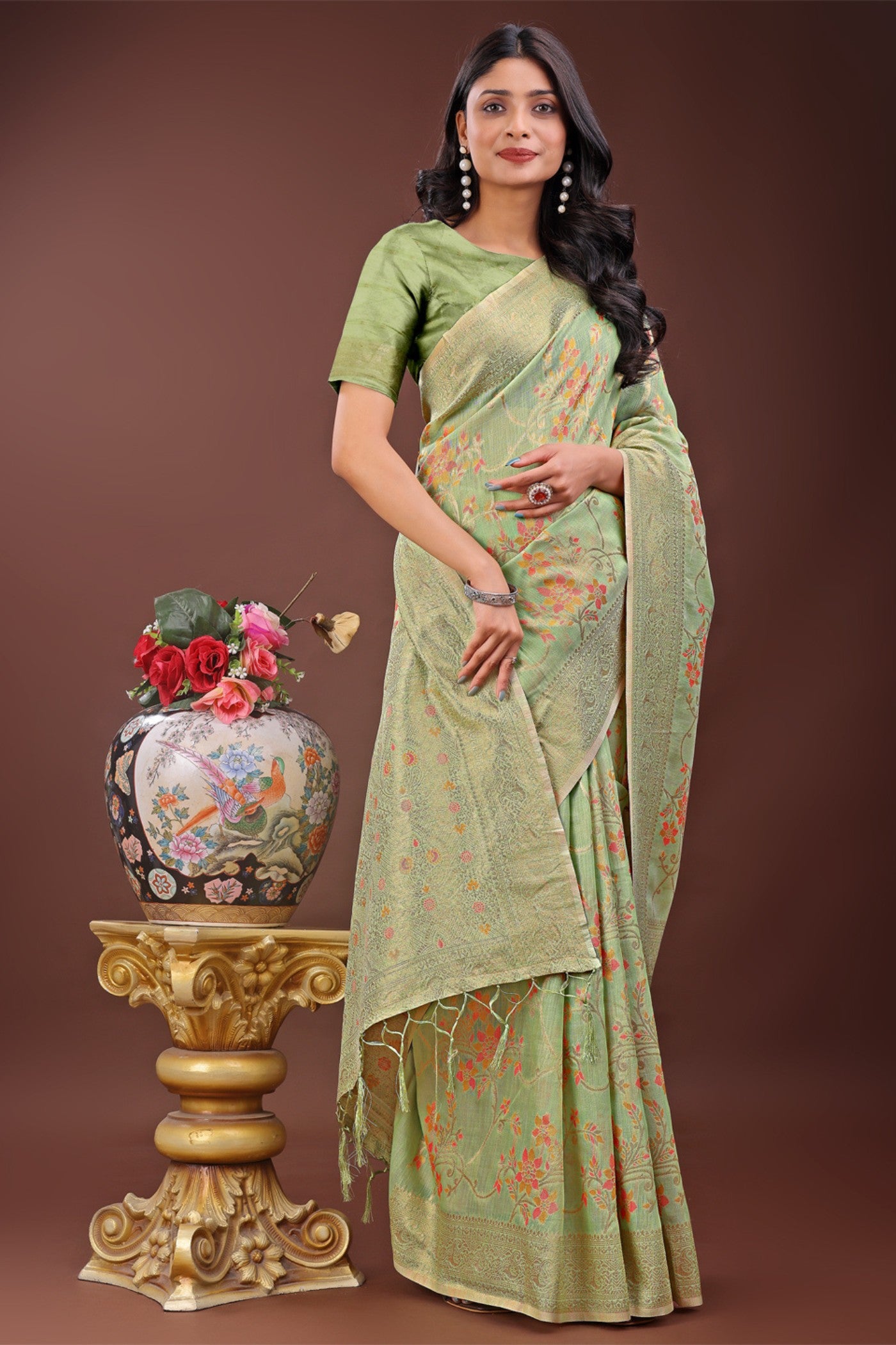 Buy MySilkLove Olivine Light Green Linen Cotton Saree Online
