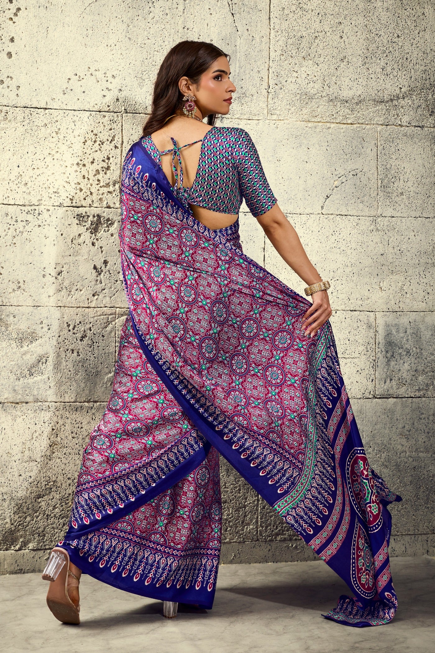 Buy MySilkLove Han Purple Modal Ajrakh Satin Printed Silk Saree Online