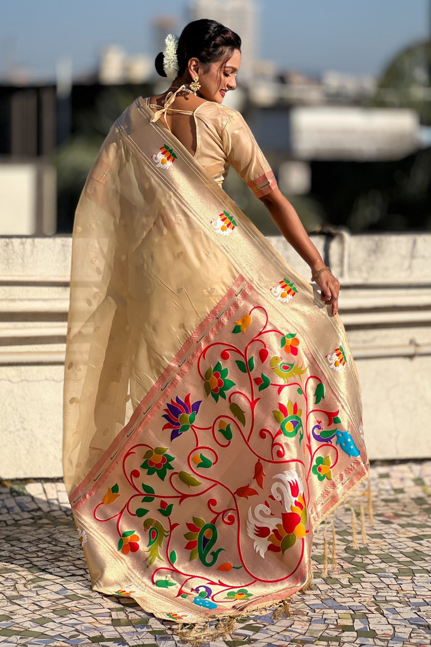 Buy MySilkLove Classic Cream Organza Woven Paithani Saree Online