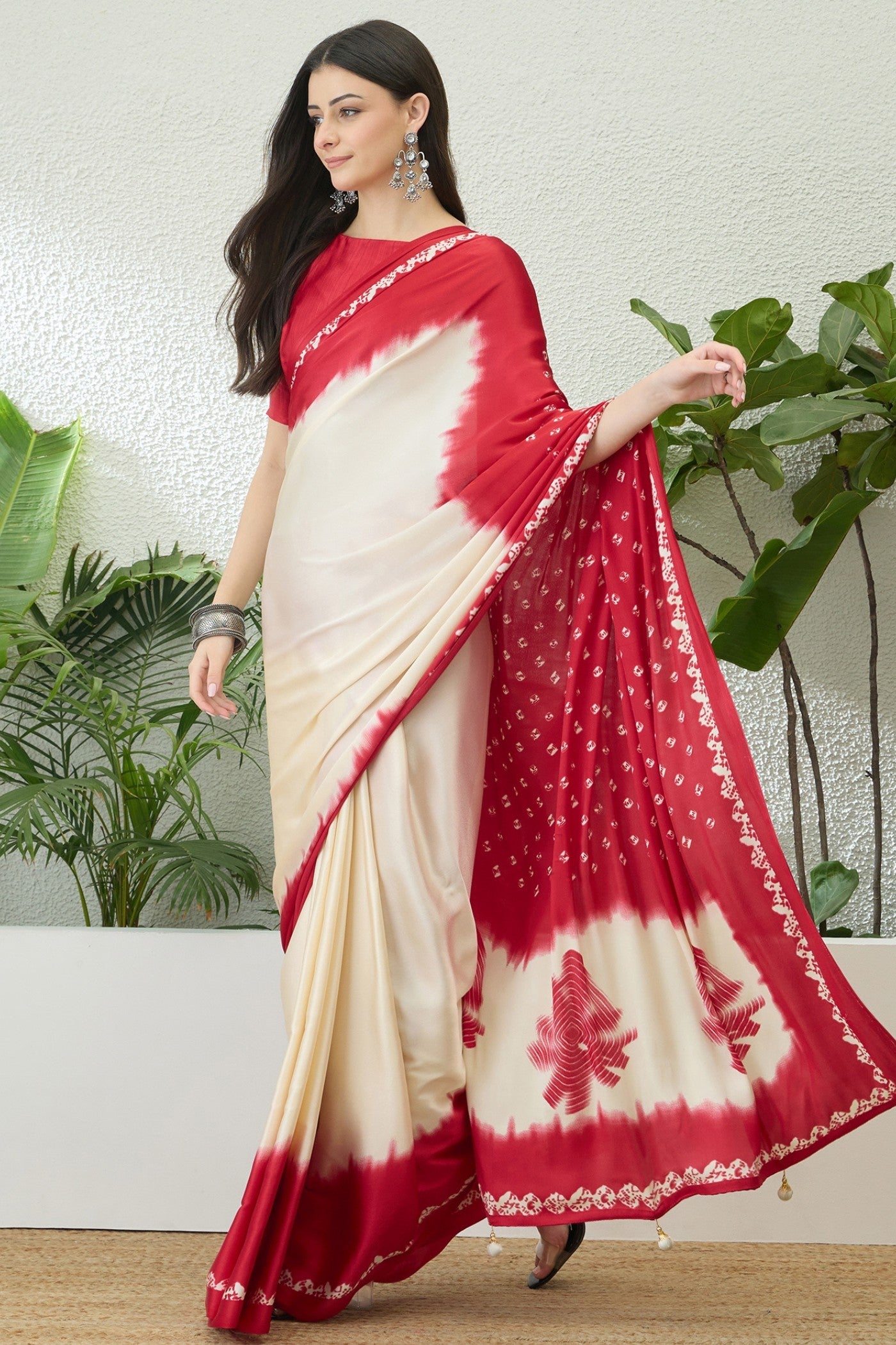 Buy MySilkLove Ivory Cream and Red Printed Satin Crepe Silk Saree Online