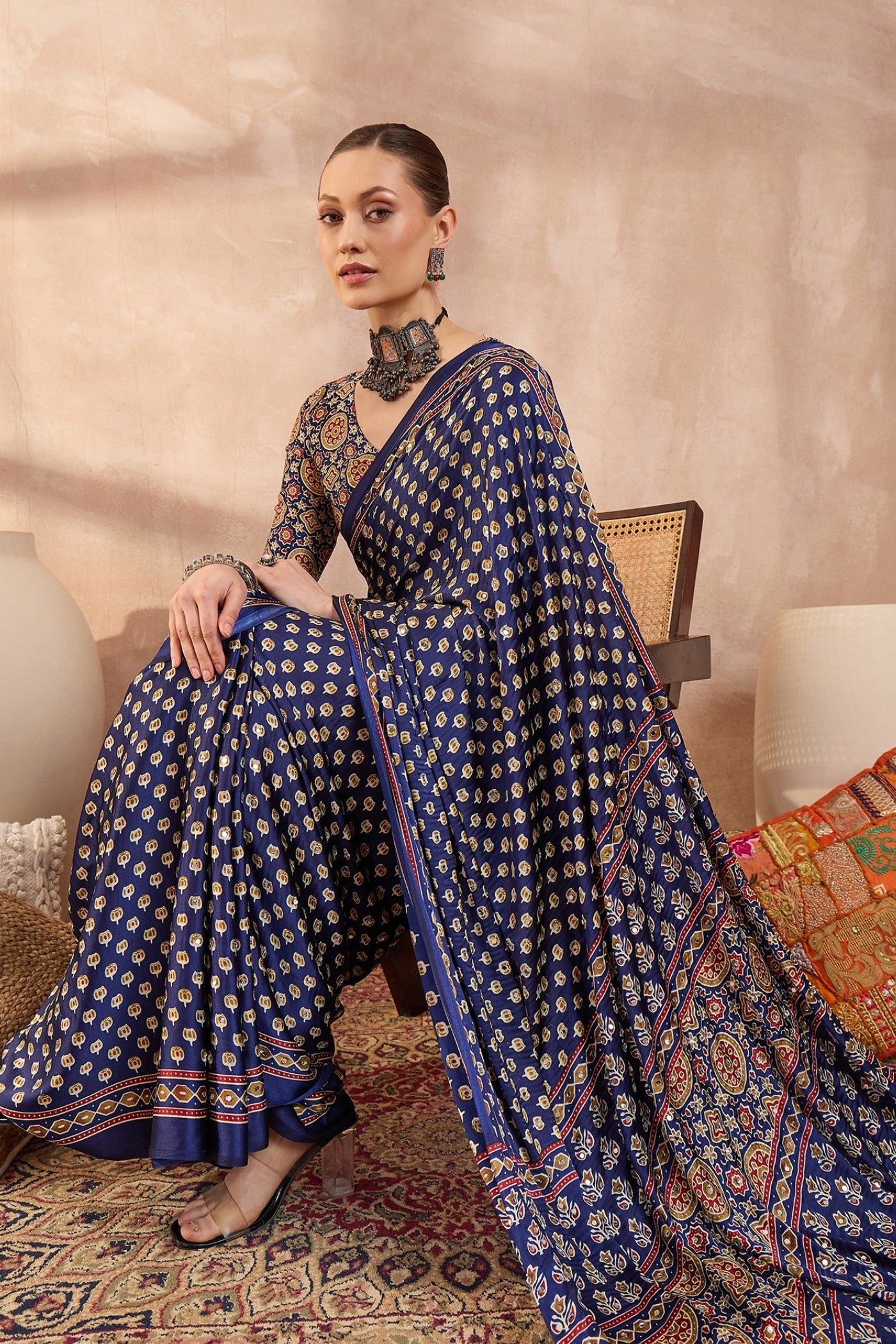 Buy MySilkLove Berry Blue Modal Ajrakh Satin Printed Silk Saree Online