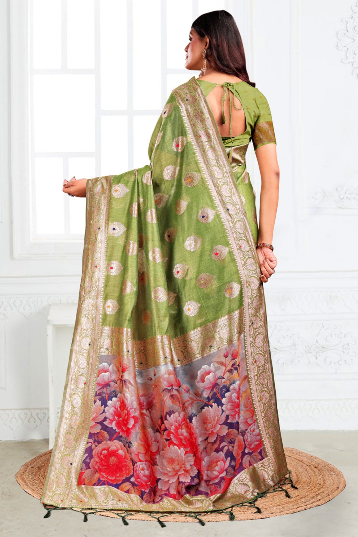 Buy MySilkLove Lime Green Woven Linen Cotton Saree Online