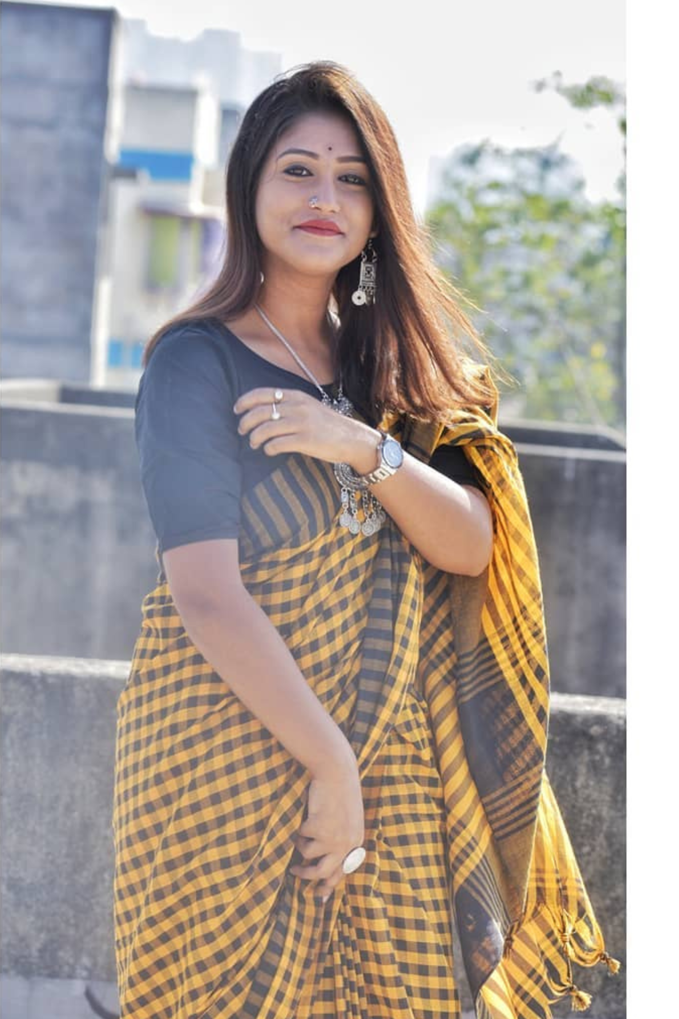 Buy MySilkLove Daisy Yellow Cotton Gamch Check Saree Online