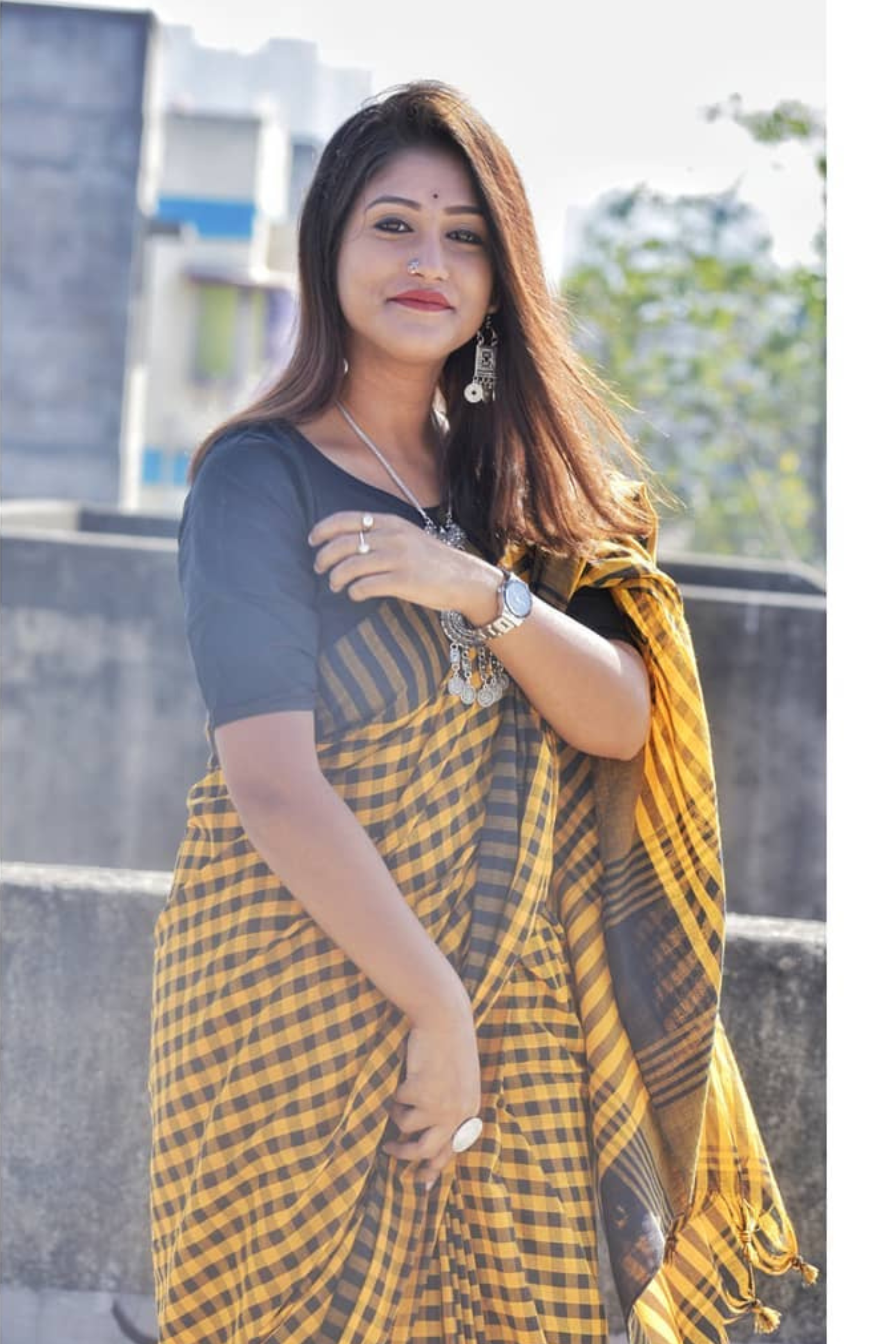 MySilkLove Daisy Yellow Cotton Gamch Check Saree