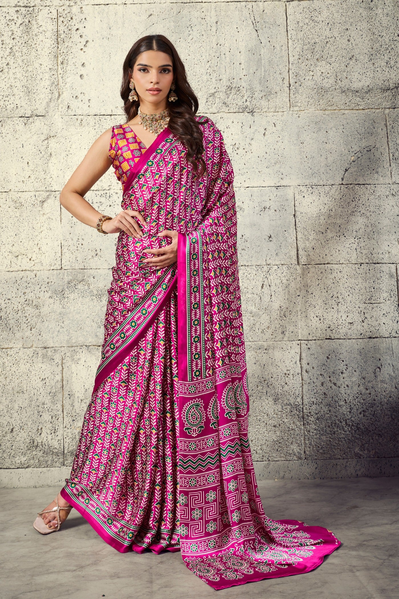 Buy MySilkLove Salmon Pink Modal Ajrakh Satin Printed Silk Saree Online