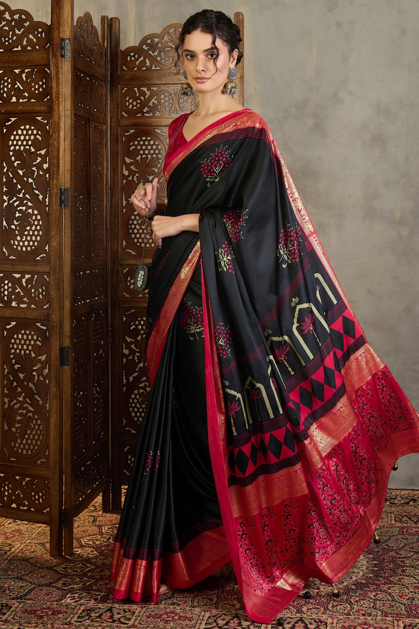 Buy MySilkLove Inked Black and Red Printed Satin Crepe Silk Saree Online