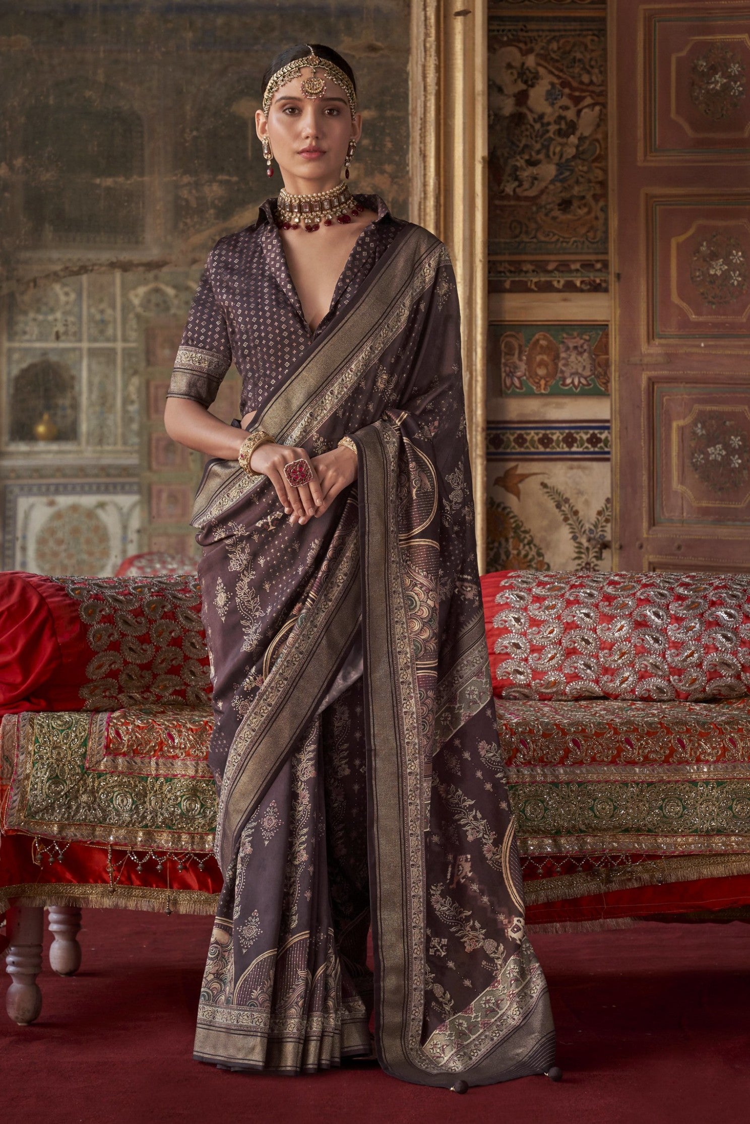 Buy MySilkLove Deep Coffee Brown Printed Banarasi Saree Online