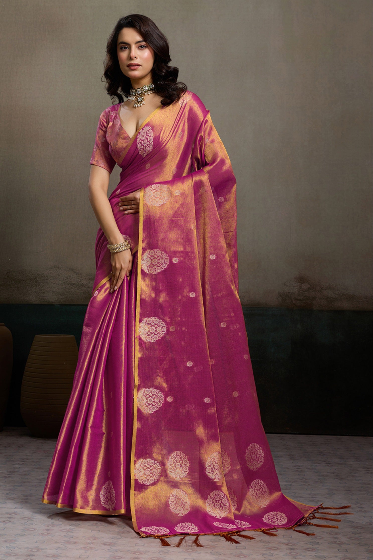 Buy MySilkLove Blush Pink Woven Tissue Saree Online
