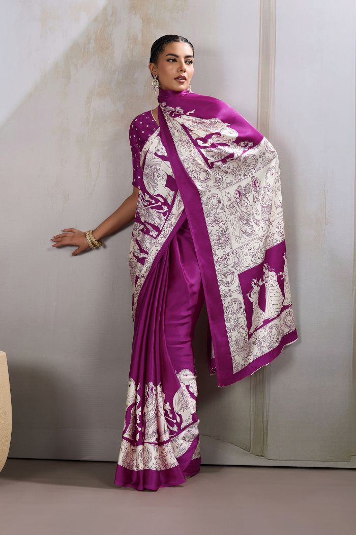 Buy MySilkLove Cosmic Purple Modal Ajrakh Printed Satin Silk Saree Online