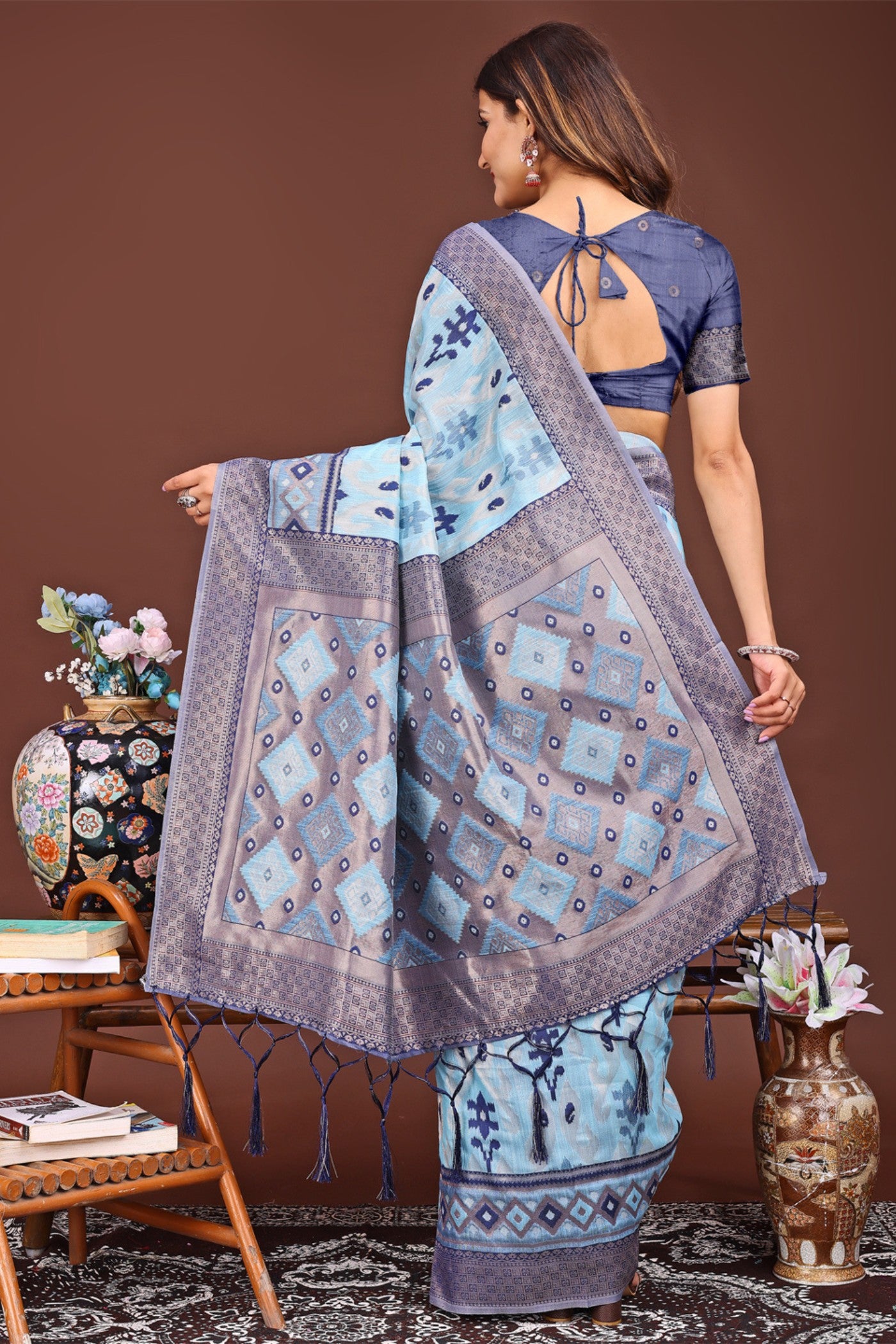 Buy MySilkLove Cerulean Blue Woven Linen Cotton Saree Online