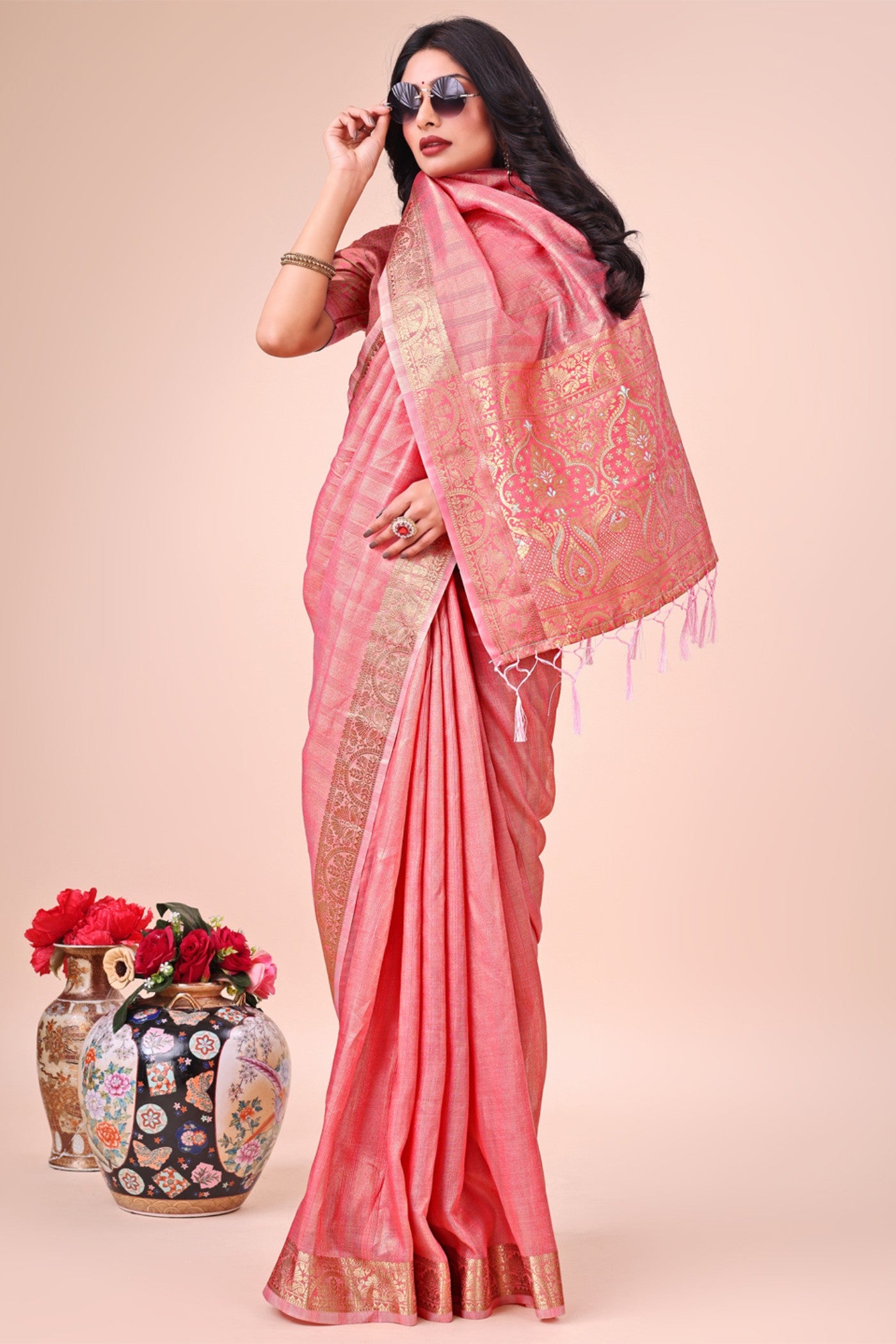 Buy MySilkLove Parfait Peach Woven Organza Saree Online