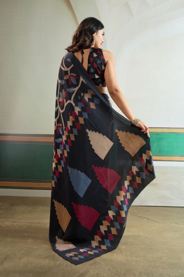 Buy MySilkLove Ink Black Modal Ajrakh Printed Satin Silk Saree Online