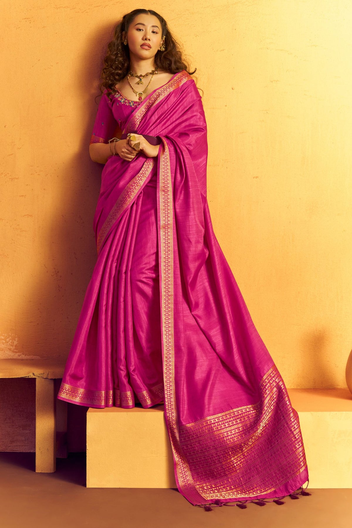 Buy MySilkLove Deep Pink Tussar Handloom Silk Saree Online