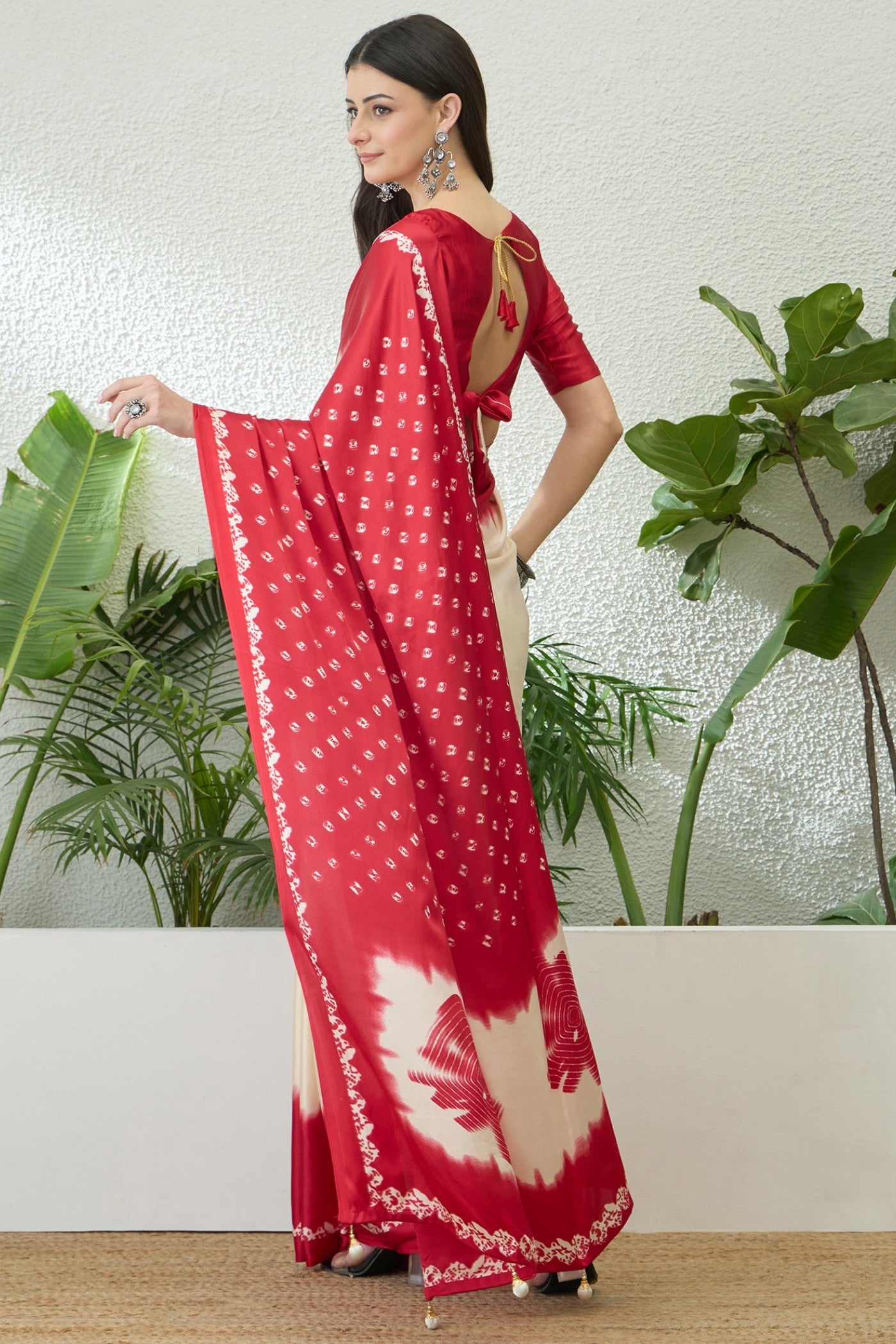 Buy MySilkLove Ivory Cream and Red Printed Satin Crepe Silk Saree Online