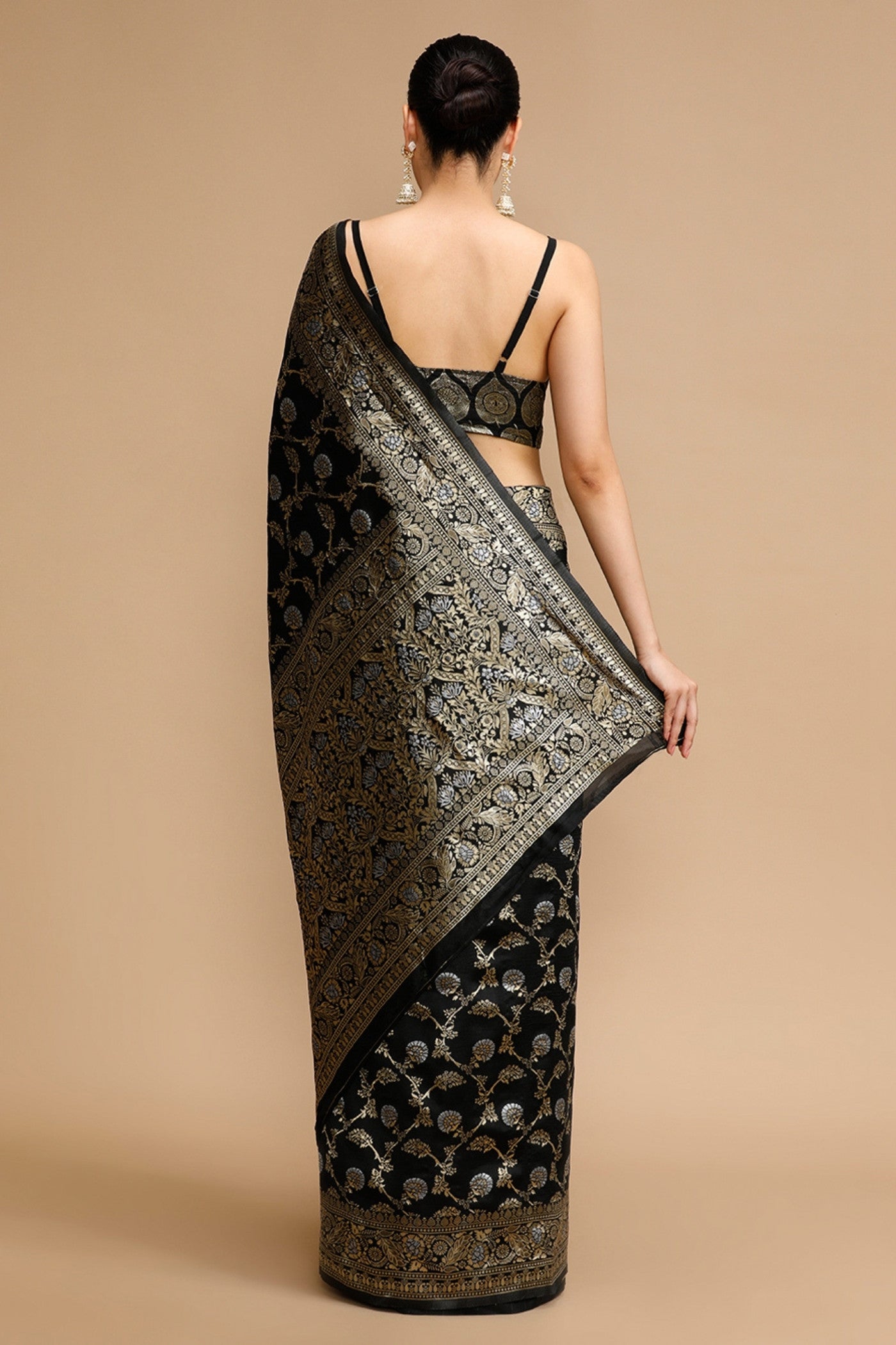 Buy MySilkLove Coal Black Woven Jacquard Lichi Silk Saree Online