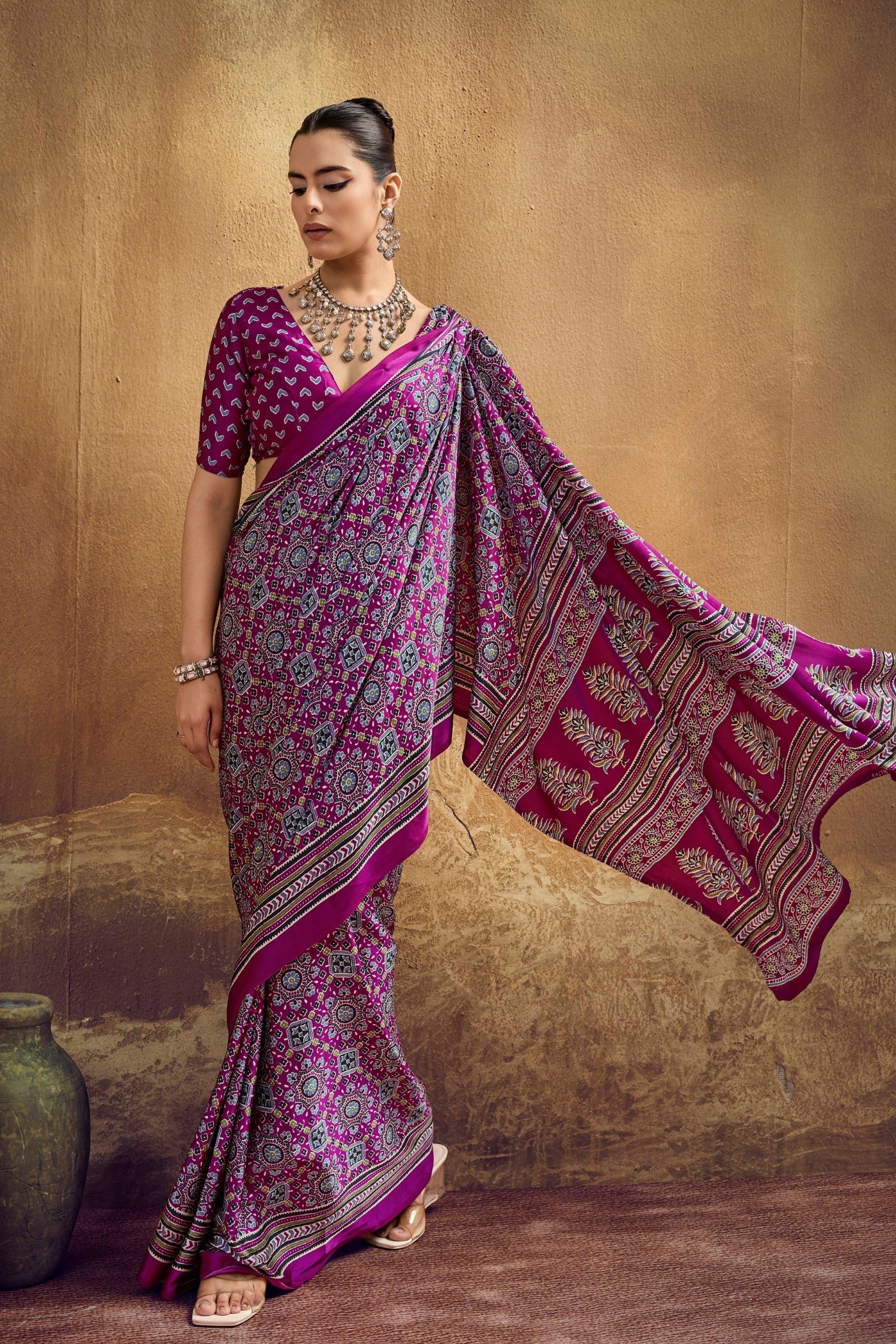Buy MySilkLove Violet Purple Modal Ajrakh Satin Printed Silk Saree Online
