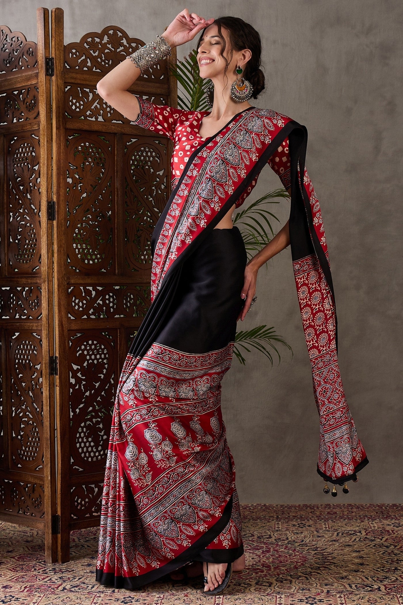 Buy MySilkLove Pitch Black Printed Satin Gaji Silk Saree Online