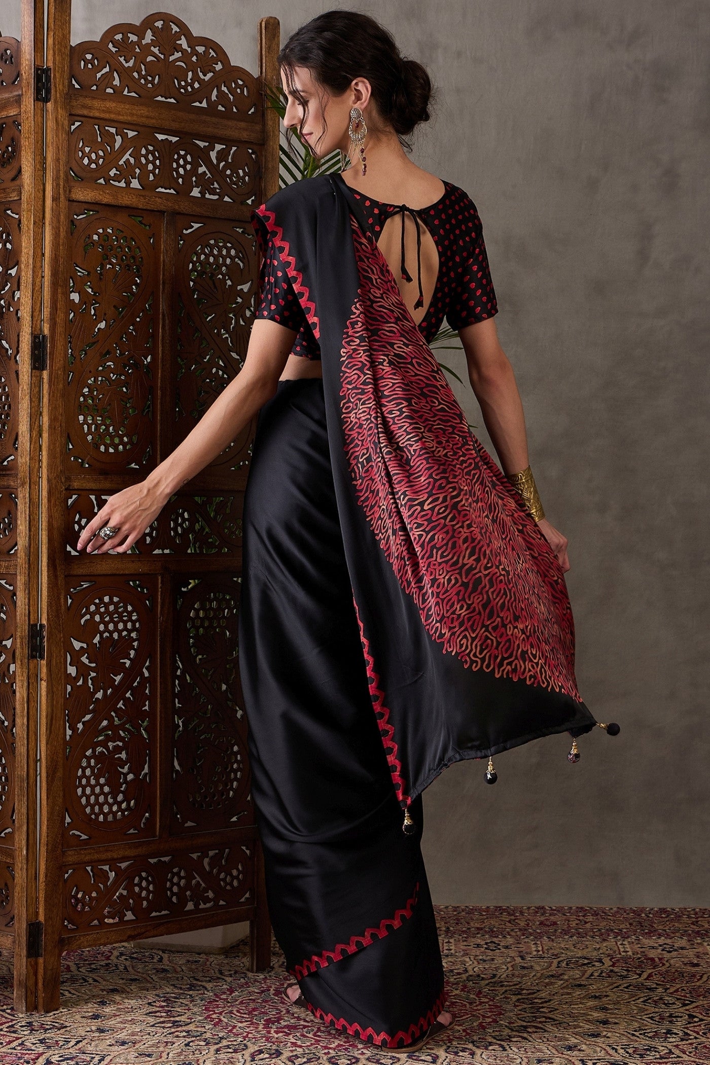 Buy MySilkLove Coal Black Printed Satin Gaji Silk Saree Online