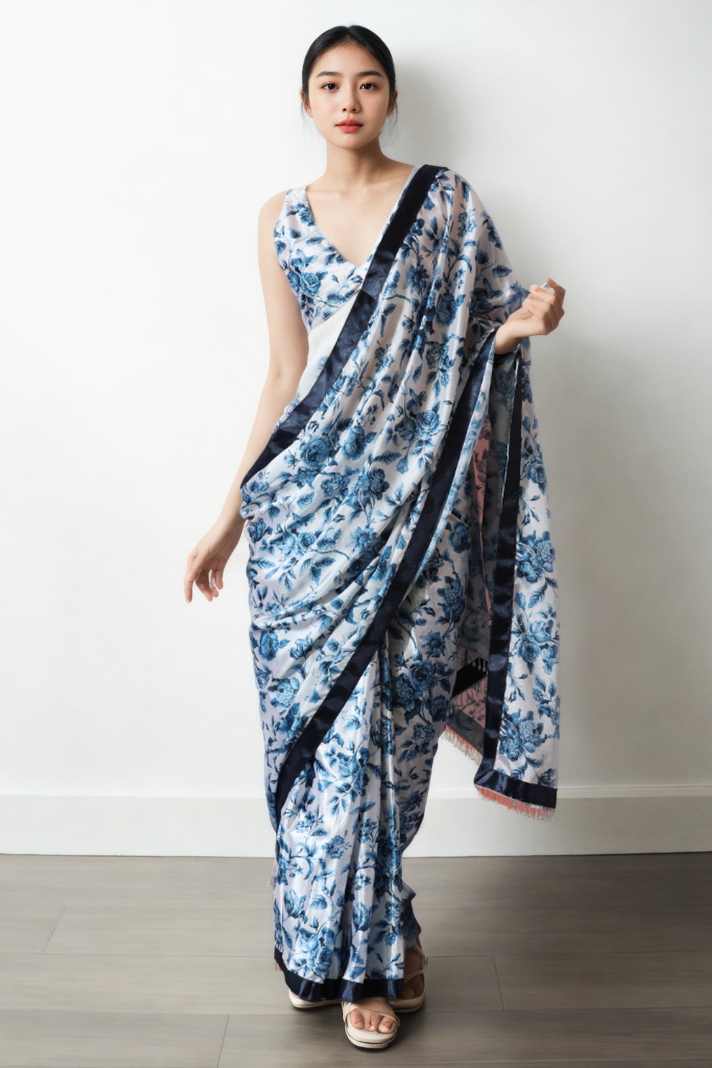 Buy MySilkLove Rainy Blue Chinon Printed Ready To Wear Saree Online