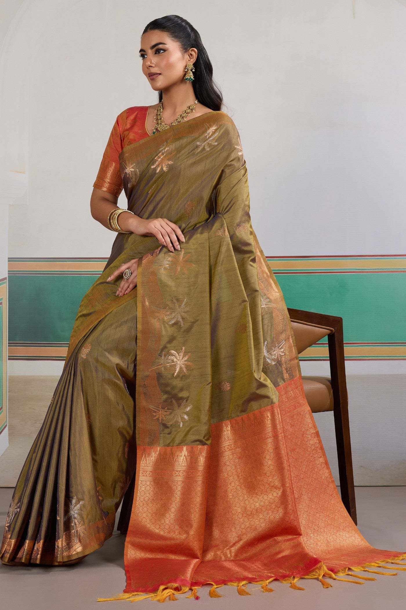 Buy MySilkLove Dust Green Banarasi Handloom Tussar Saree Online