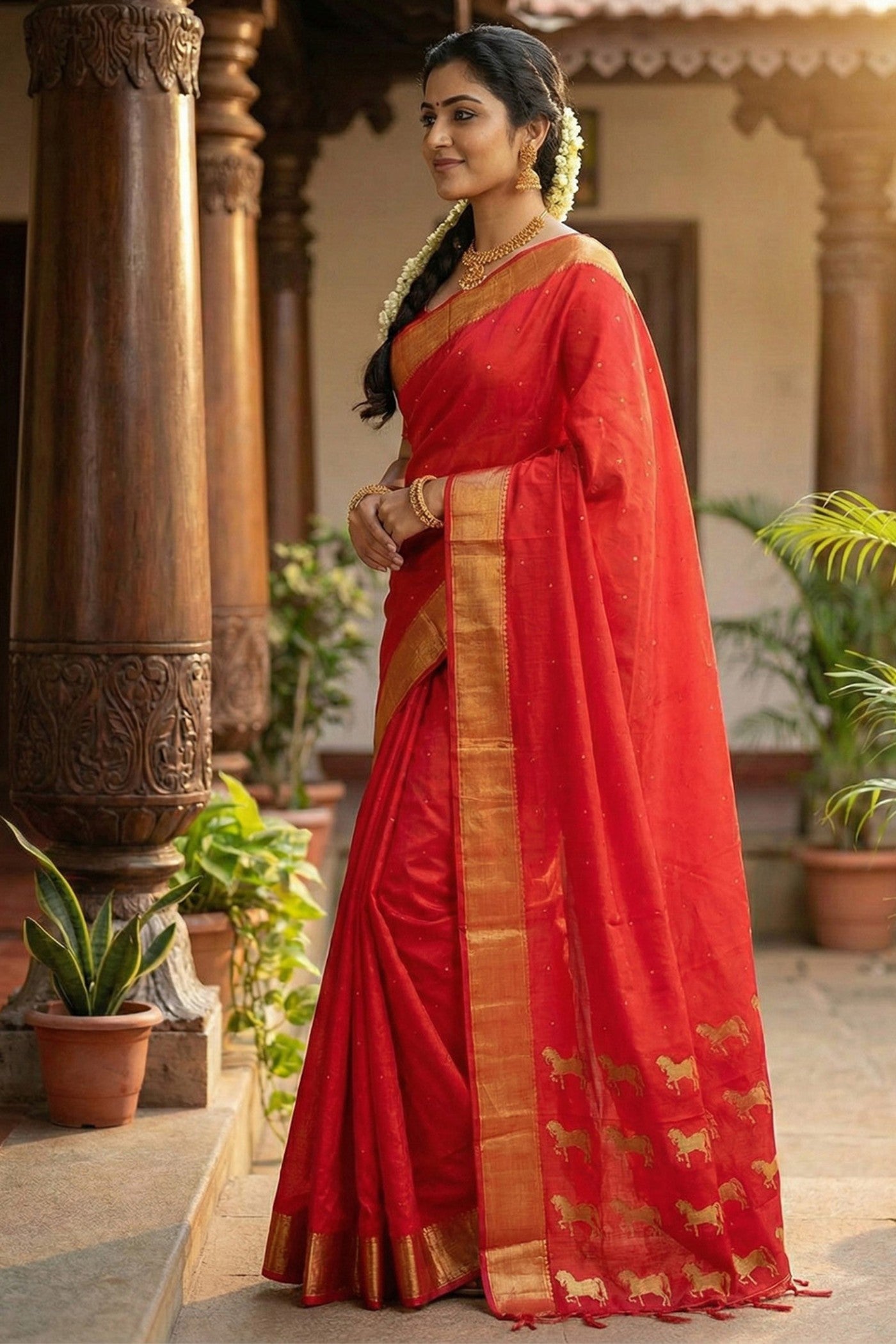 MySilkLove Cherry Red Banarasi Woven Soft Silk Saree