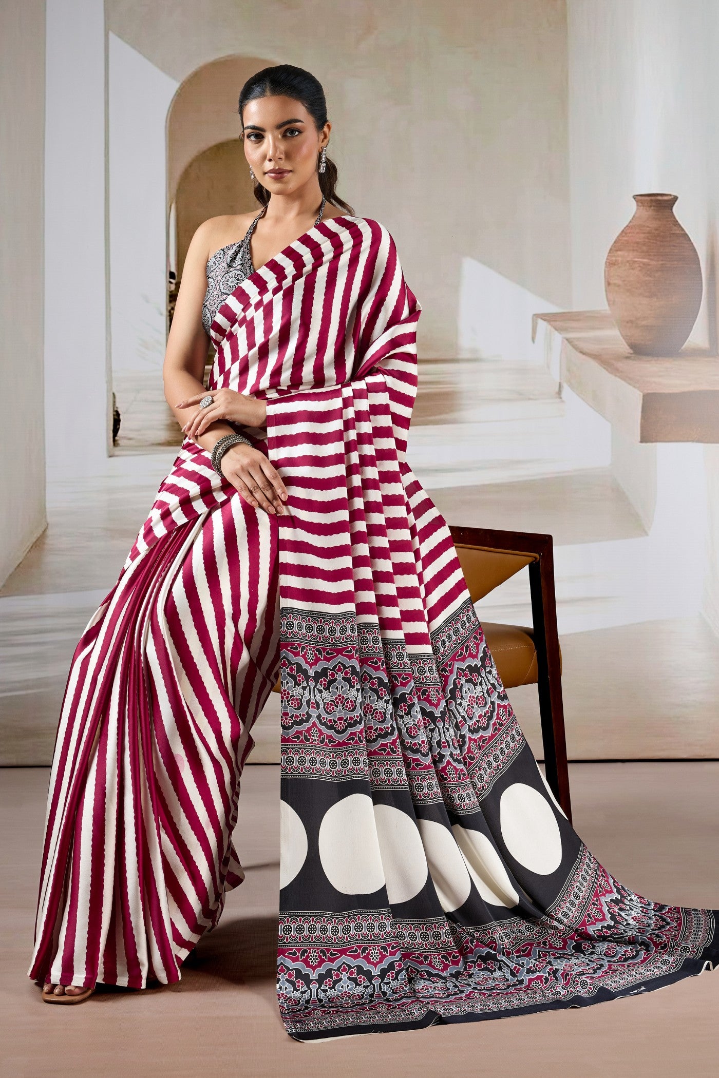 Buy MySilkLove Rosewood Maroon Stripe Ajrakh Printed Satin Crepe Silk Saree Online