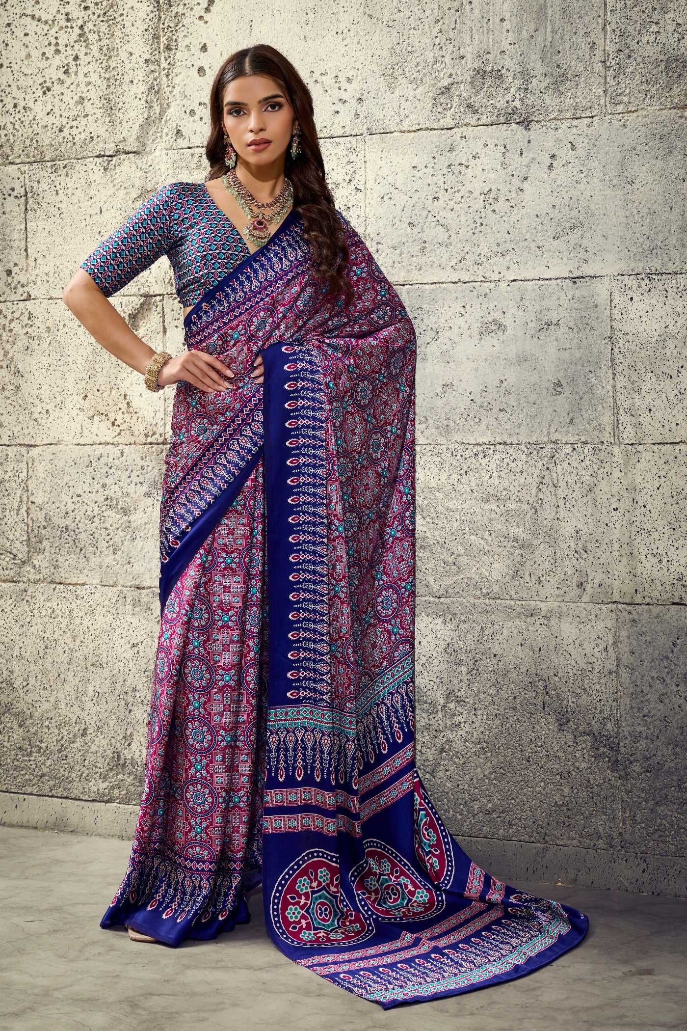 Buy MySilkLove Han Purple Modal Ajrakh Satin Printed Silk Saree Online
