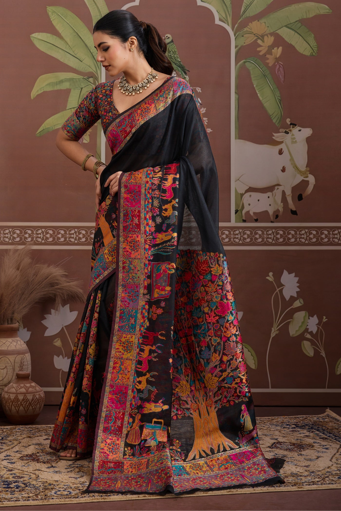 Buy MySilkLove Coral Black Kashmiri Handllom Jamewar Saree Online