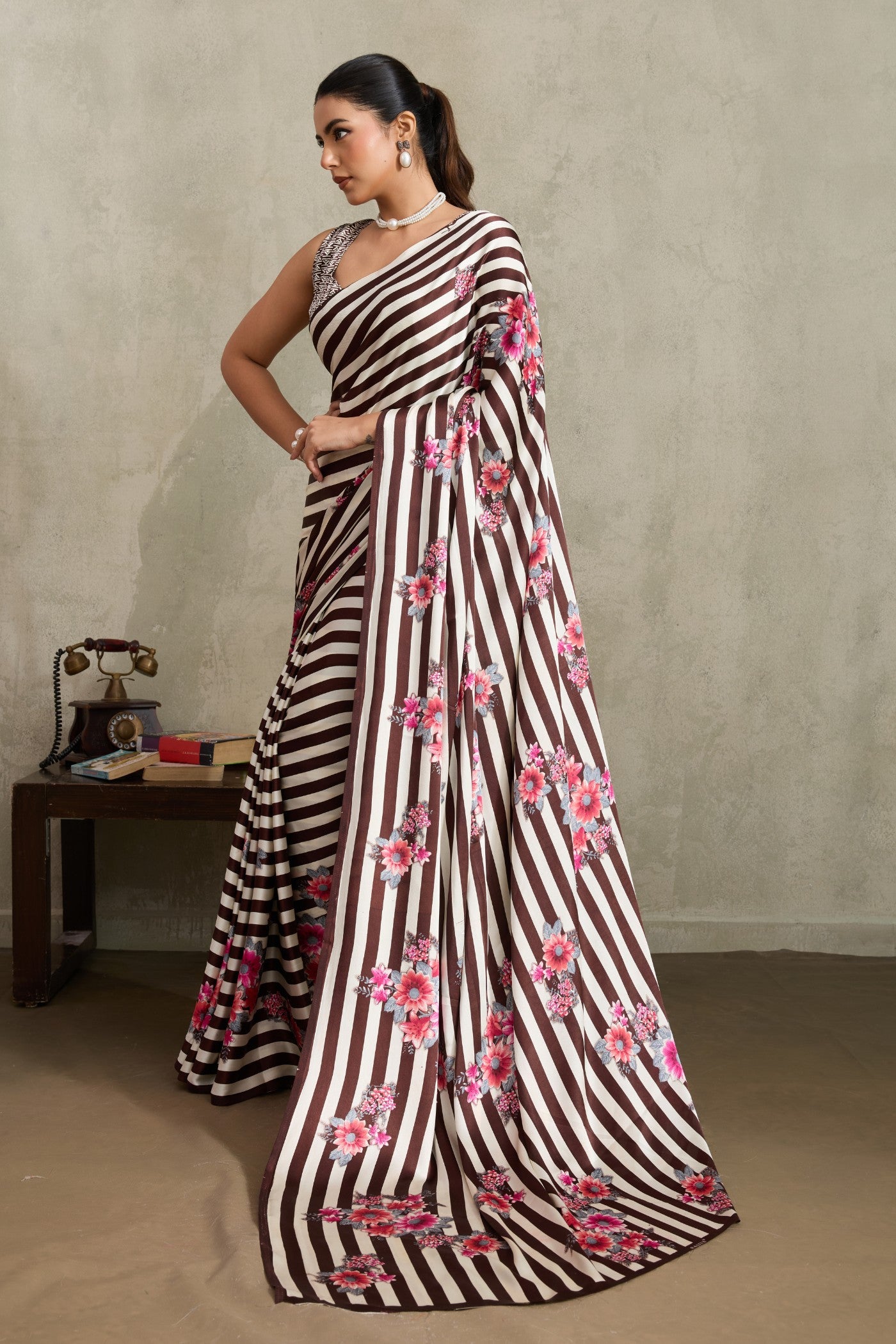 Buy MySilkLove Umber Brown Ajrakh Printed Satin Crepe Silk Saree Online