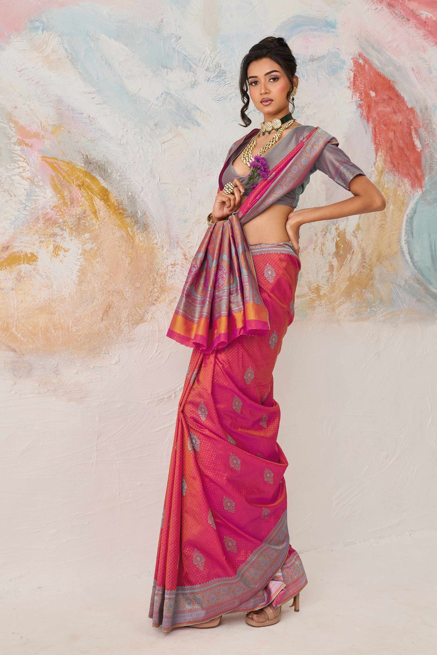 Buy MySilkLove Flamingo Pink Woven Tanchoi Kanjivaram Saree Online