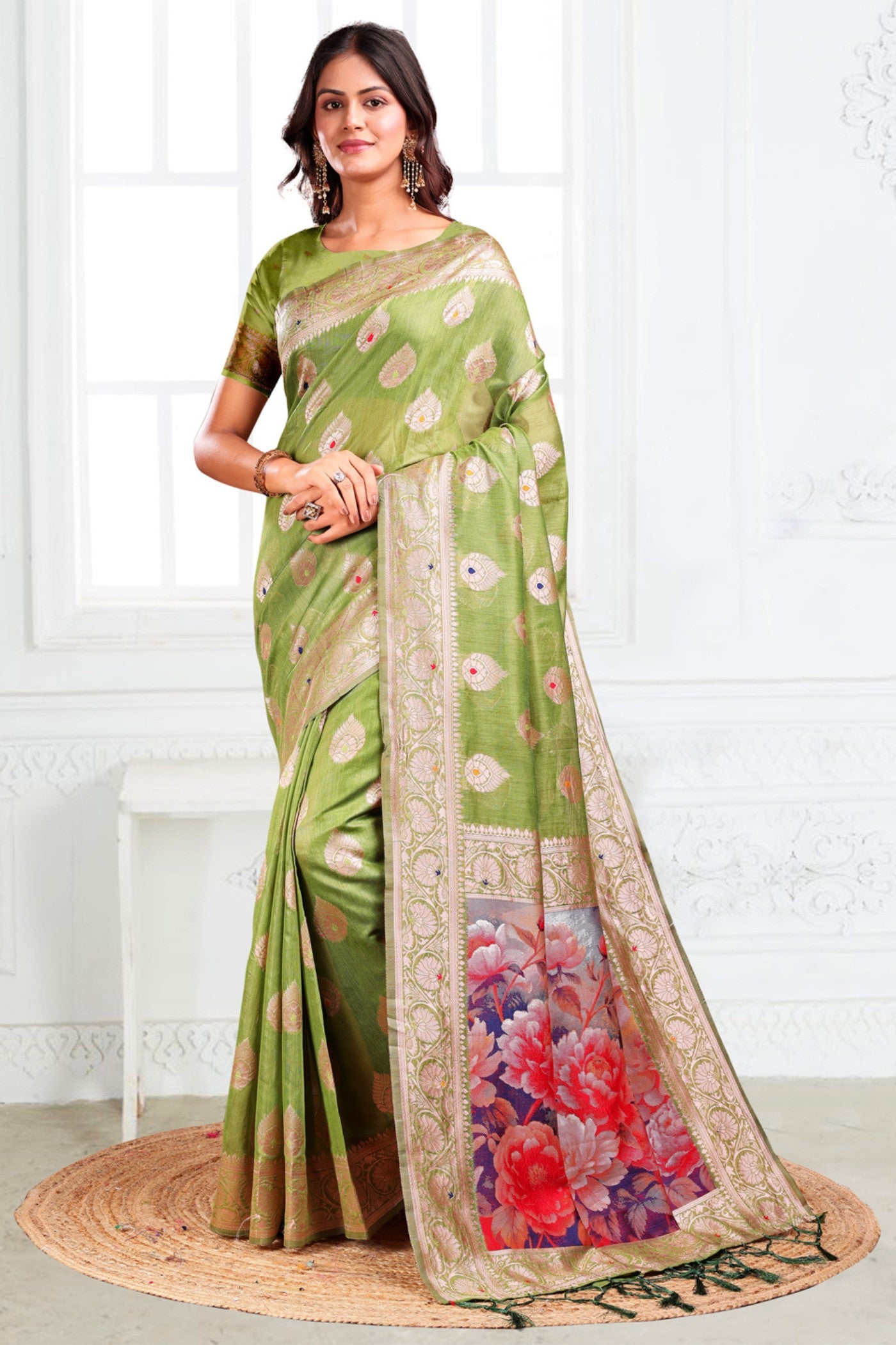 Buy MySilkLove Lime Green Woven Linen Cotton Saree Online