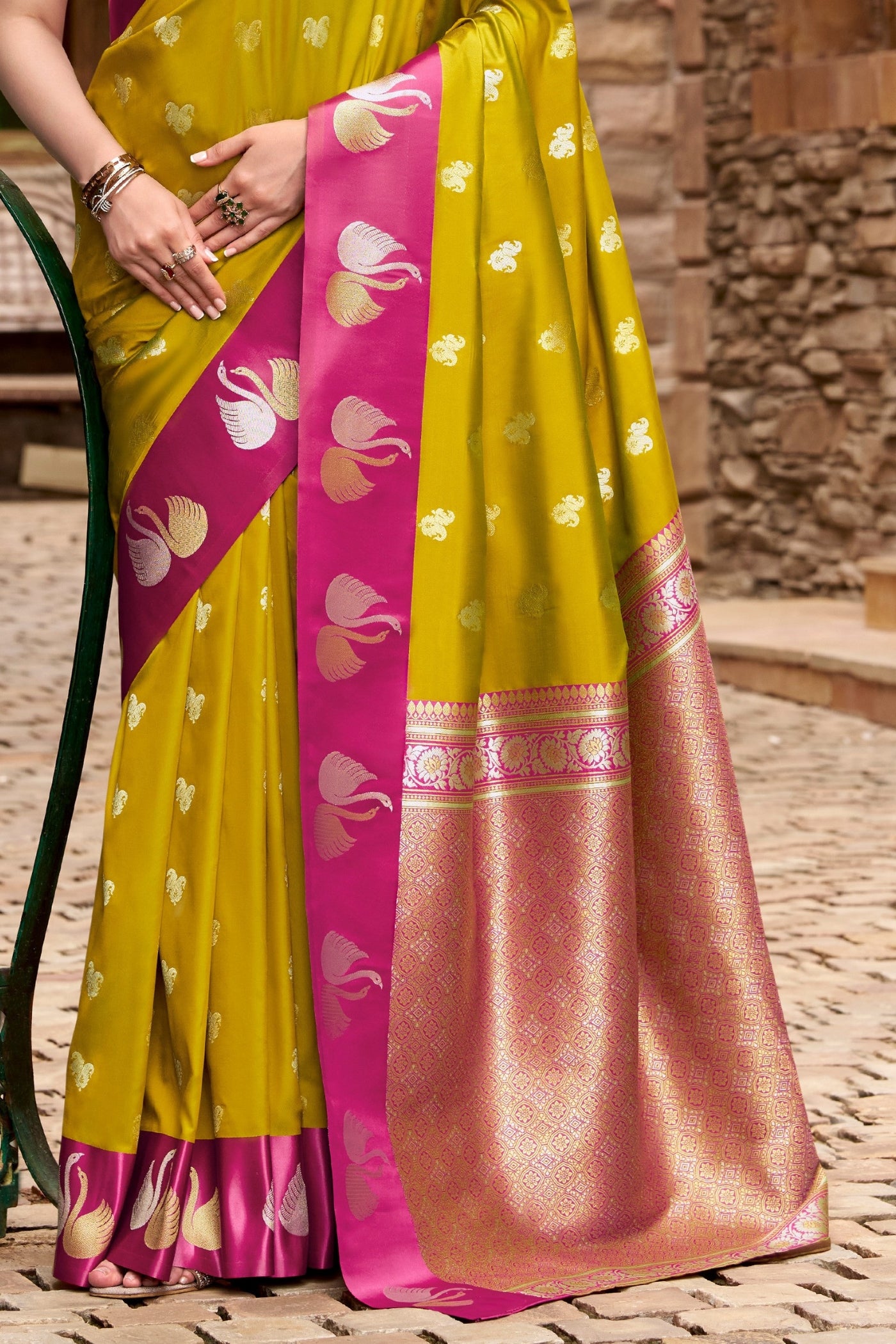Buy MySilkLove Inchworm Green Woven Satin Soft Silk Saree Online