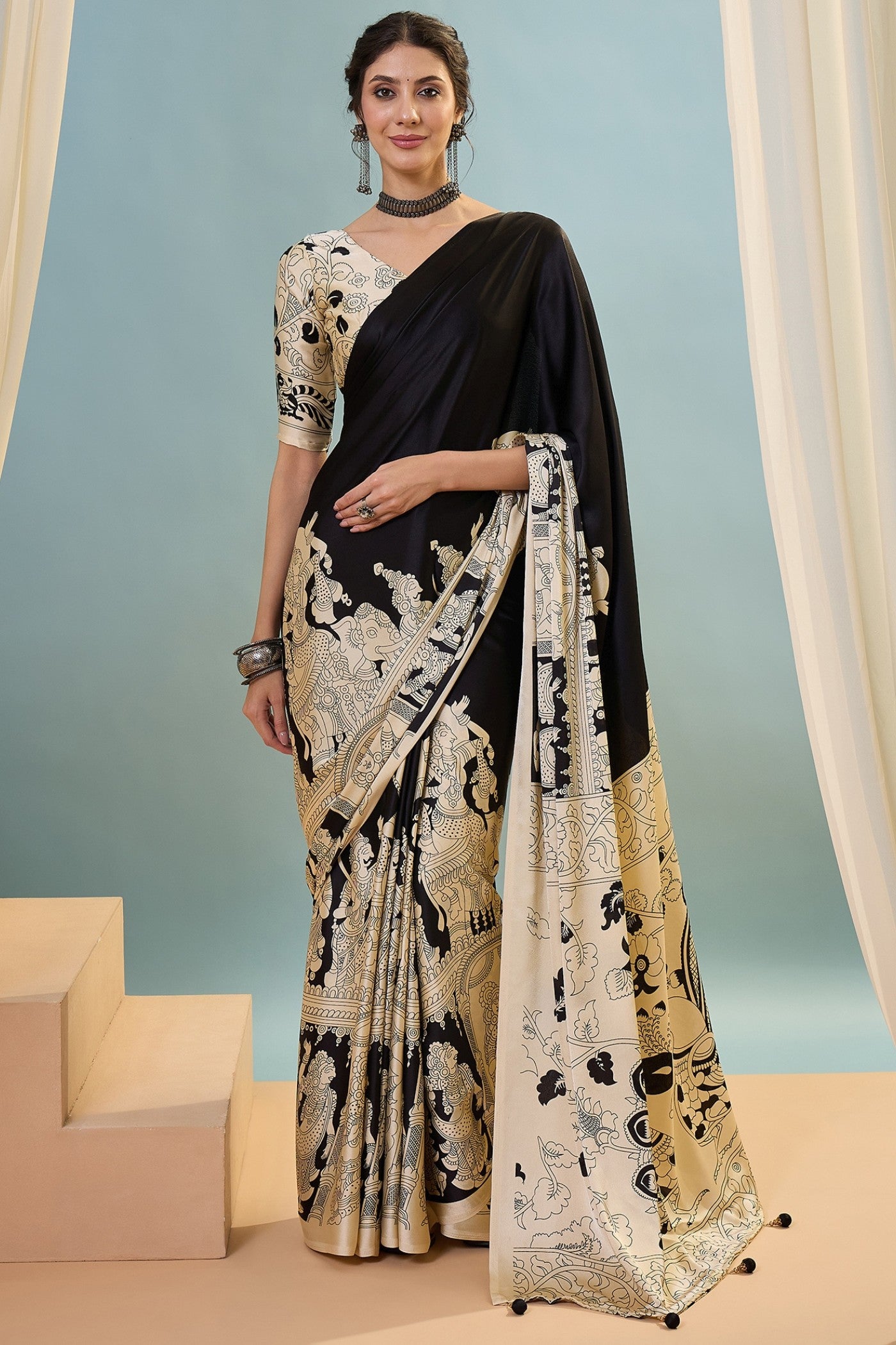 Buy MySilkLove Gunmetal Black Ajrakh Printed Satin Crepe Silk Saree Online