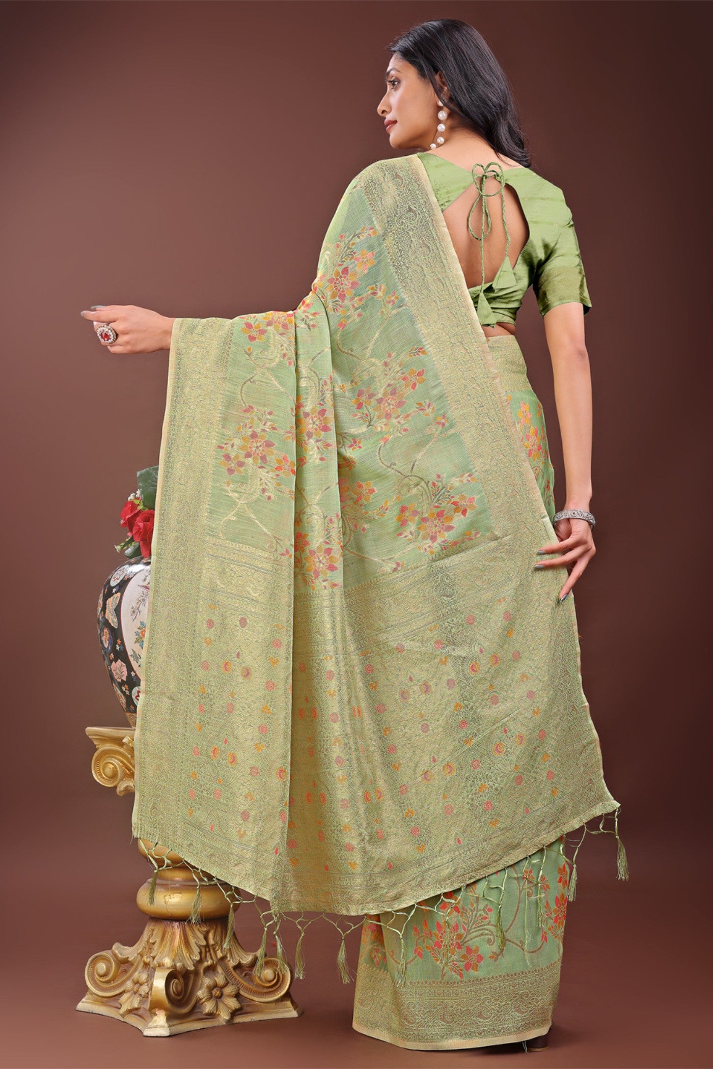 Buy MySilkLove Olivine Light Green Linen Cotton Saree Online