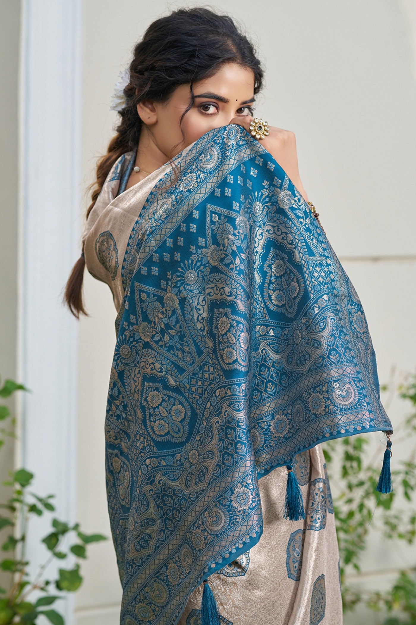 Buy MySilkLove Oyster Cream and Blue Woven Banarasi Saree Online