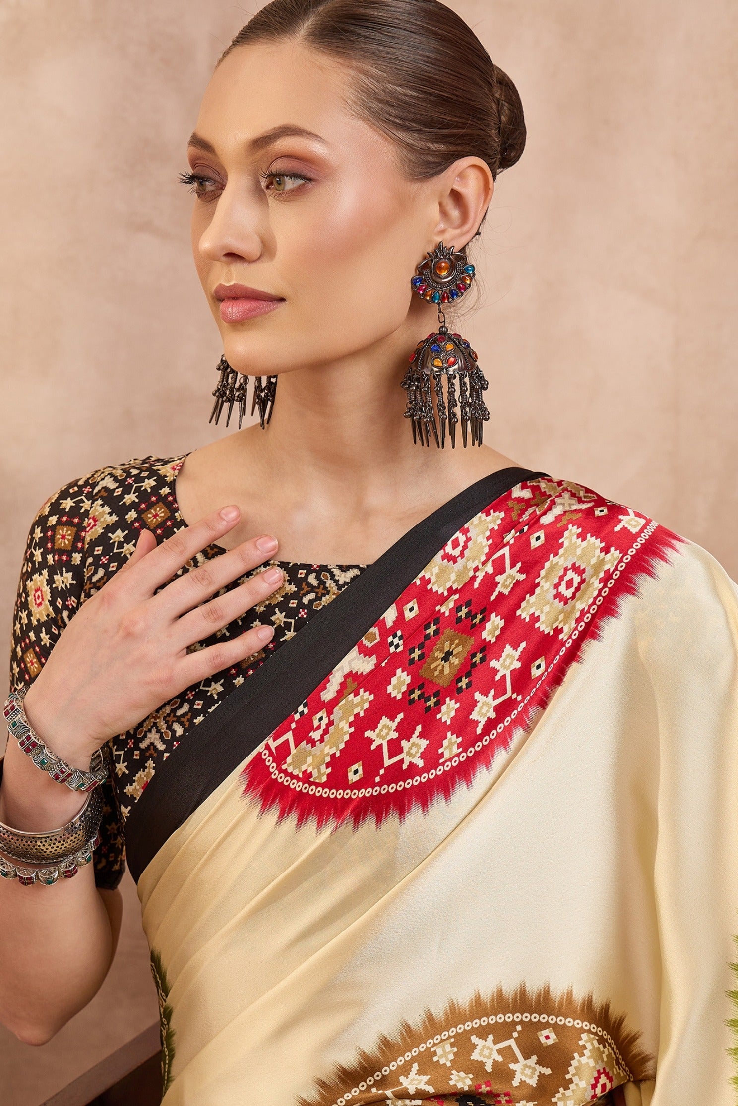 MySilkLove Pastel Cream and Black Modal Ajrakh Printed Silk Saree