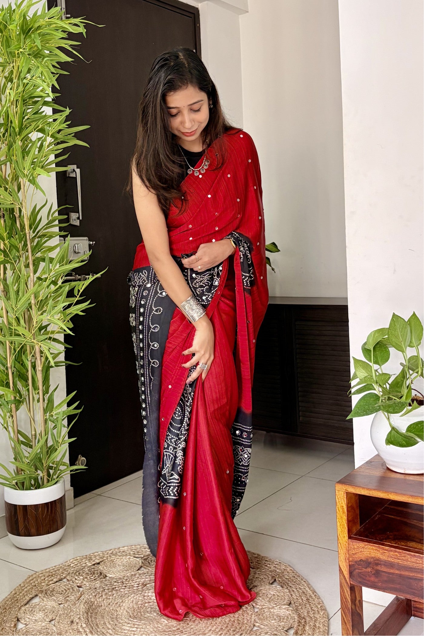 Buy MySilkLove Ruby Red and Black Gaji Bandej Satin Soft Silk Saree Online