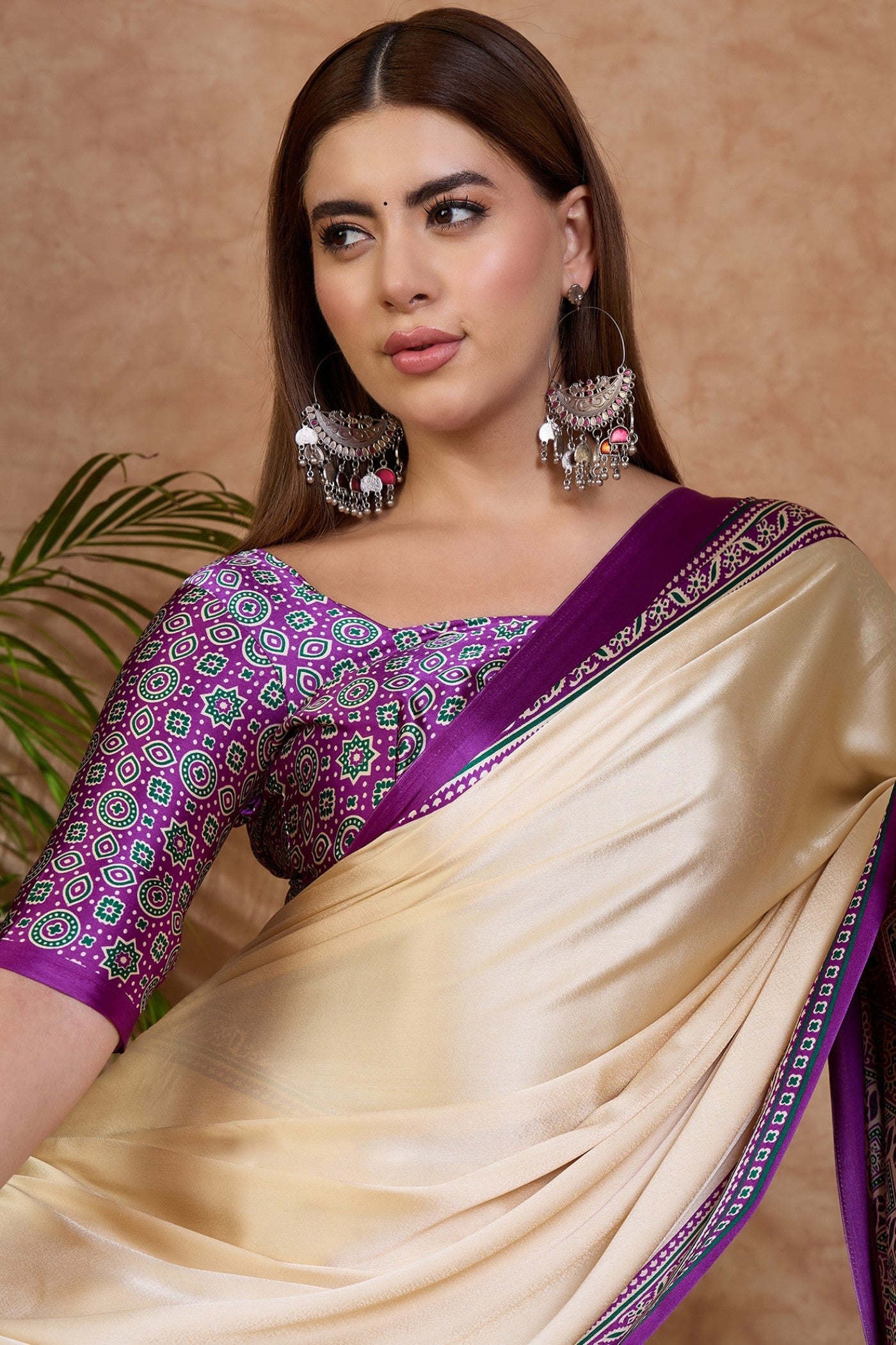 Buy MySilkLove Ivory Cream and Purple Ajrakh Printed Satin Crepe Silk Saree Online