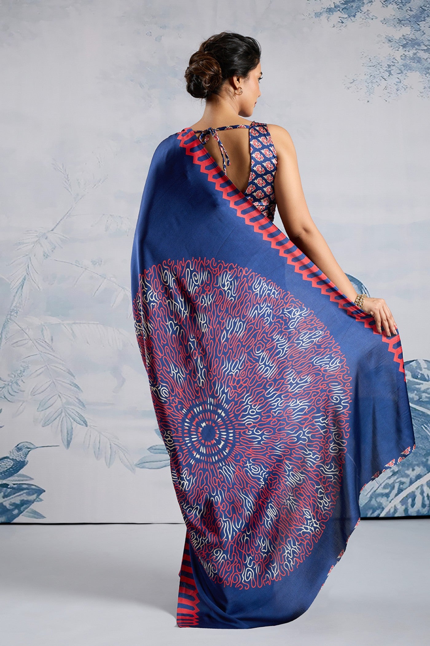 Buy MySilkLove Glacier Blue Printed Satin Crepe Silk Saree Online