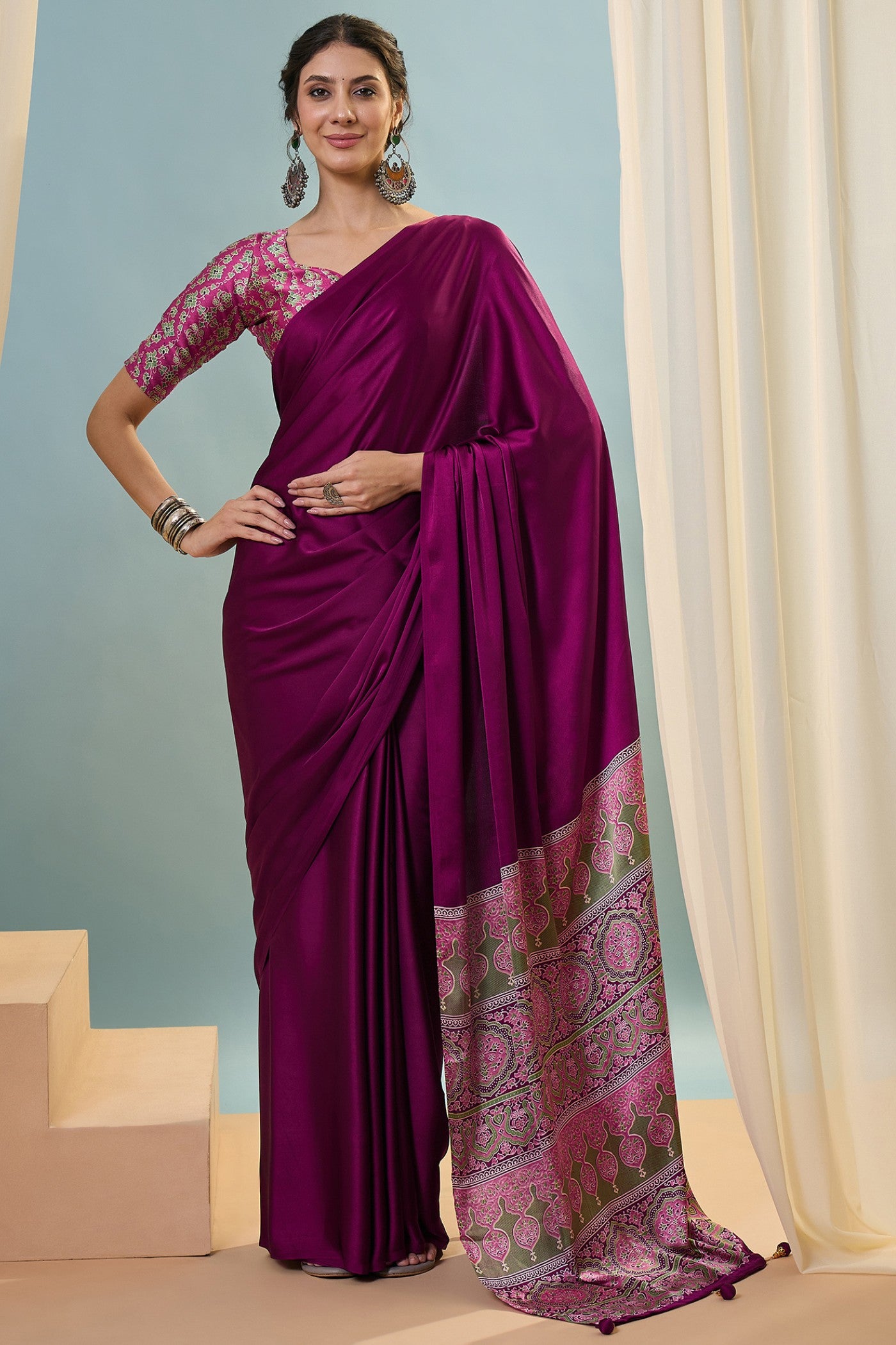 Buy MySilkLove Glassfire Purple Ajrakh Printed Satin Crepe Silk Saree Online