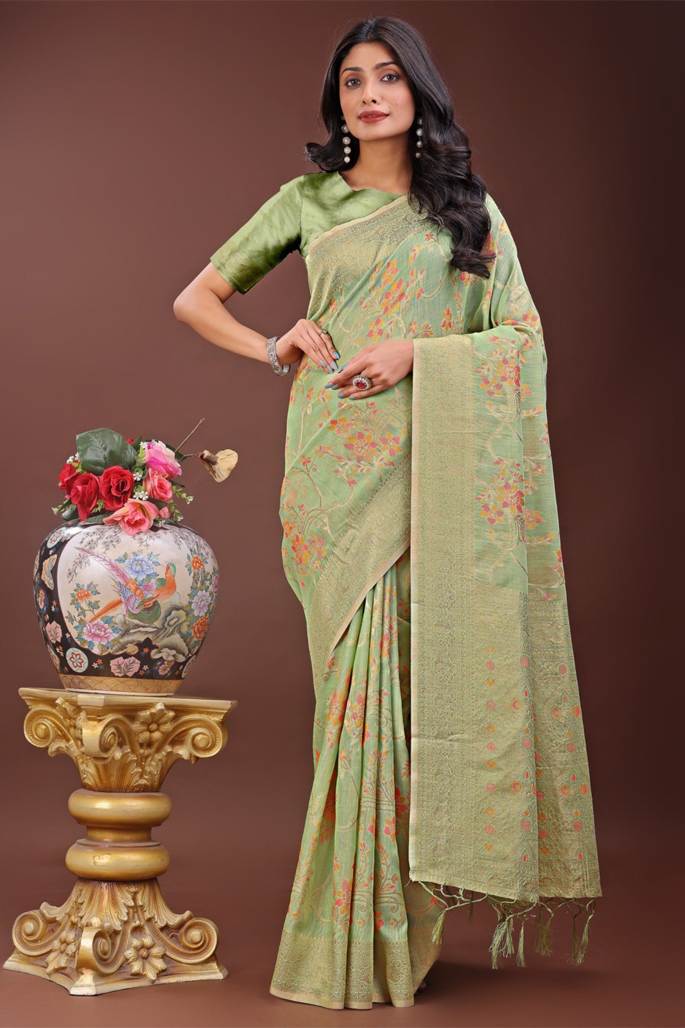 Buy MySilkLove Olivine Light Green Linen Cotton Saree Online