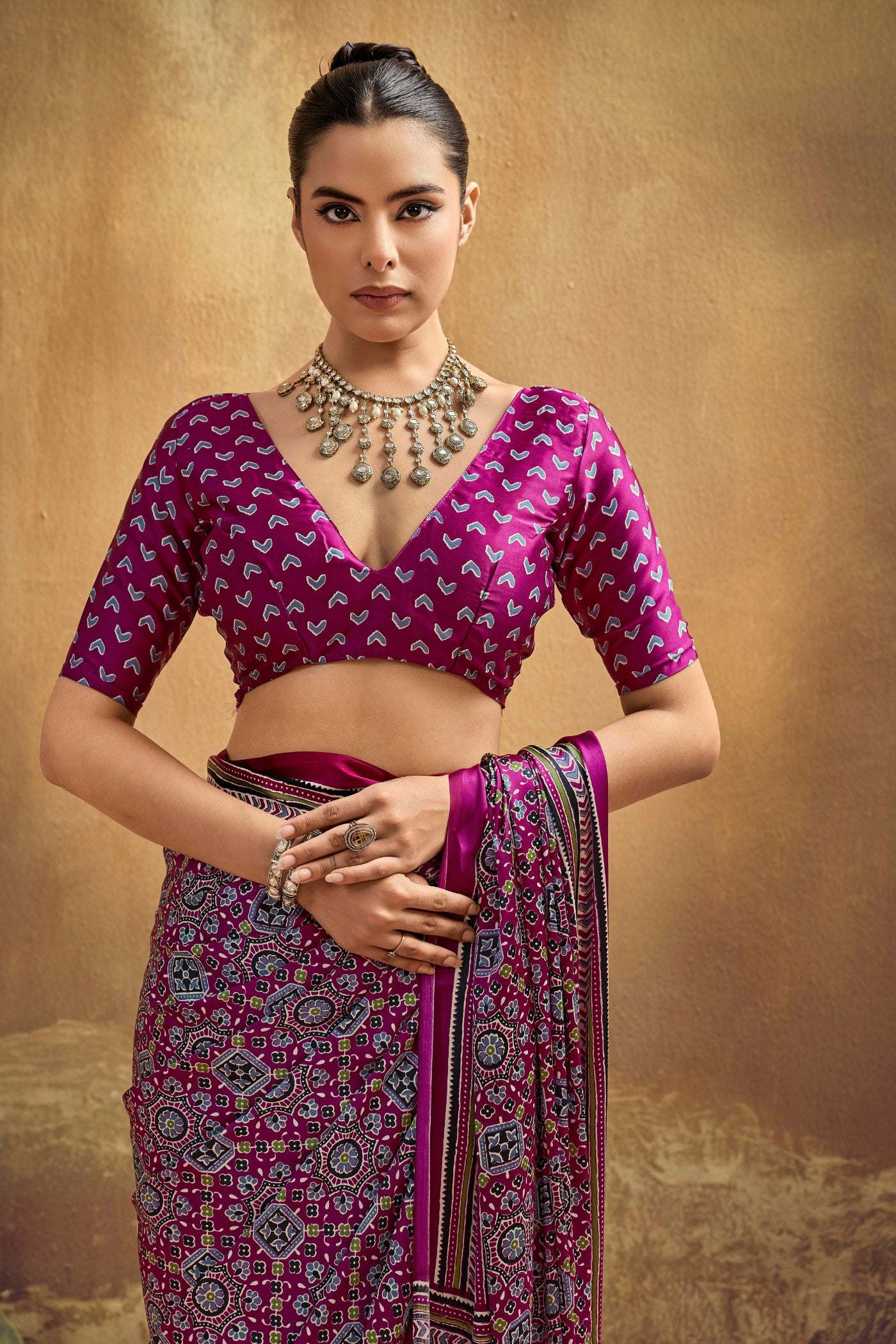 Buy MySilkLove Violet Purple Modal Ajrakh Satin Printed Silk Saree Online